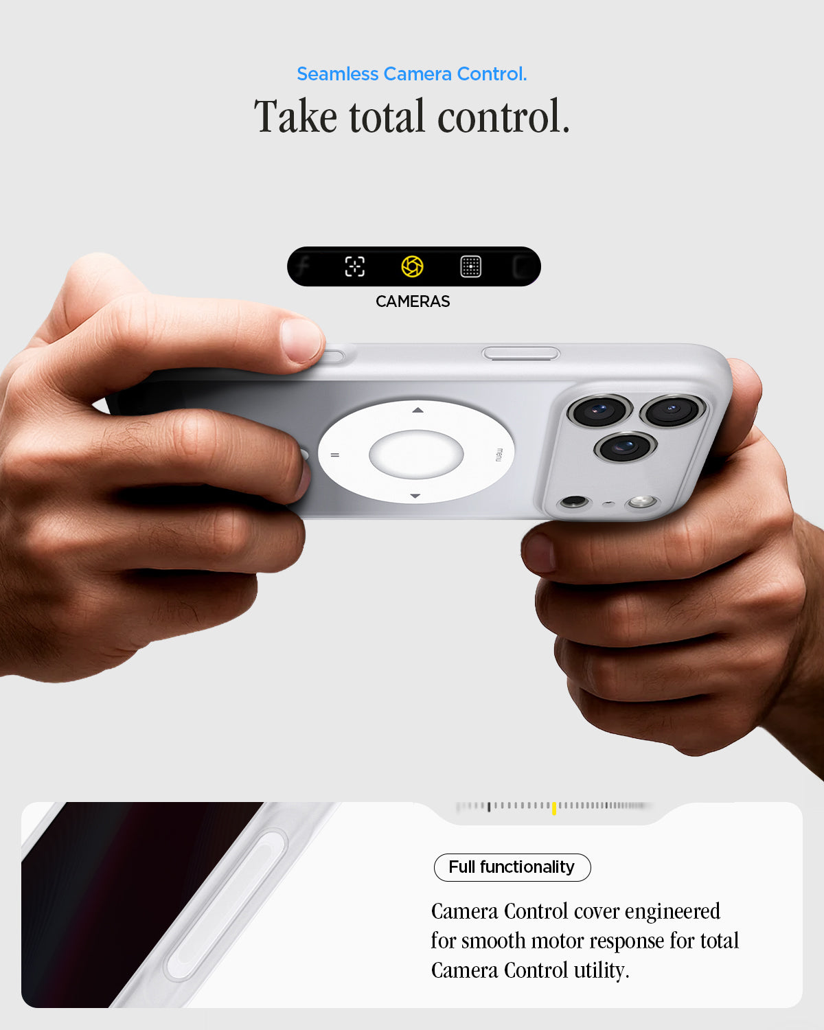ACS10075 - iPhone 17 Pro Case Ultra Hybrid Classic (MagFit) in Classic Silver showing seamless camera control. take total control. Full functionality. Camera control cover engineered for smooth motor response for total camera control utility.