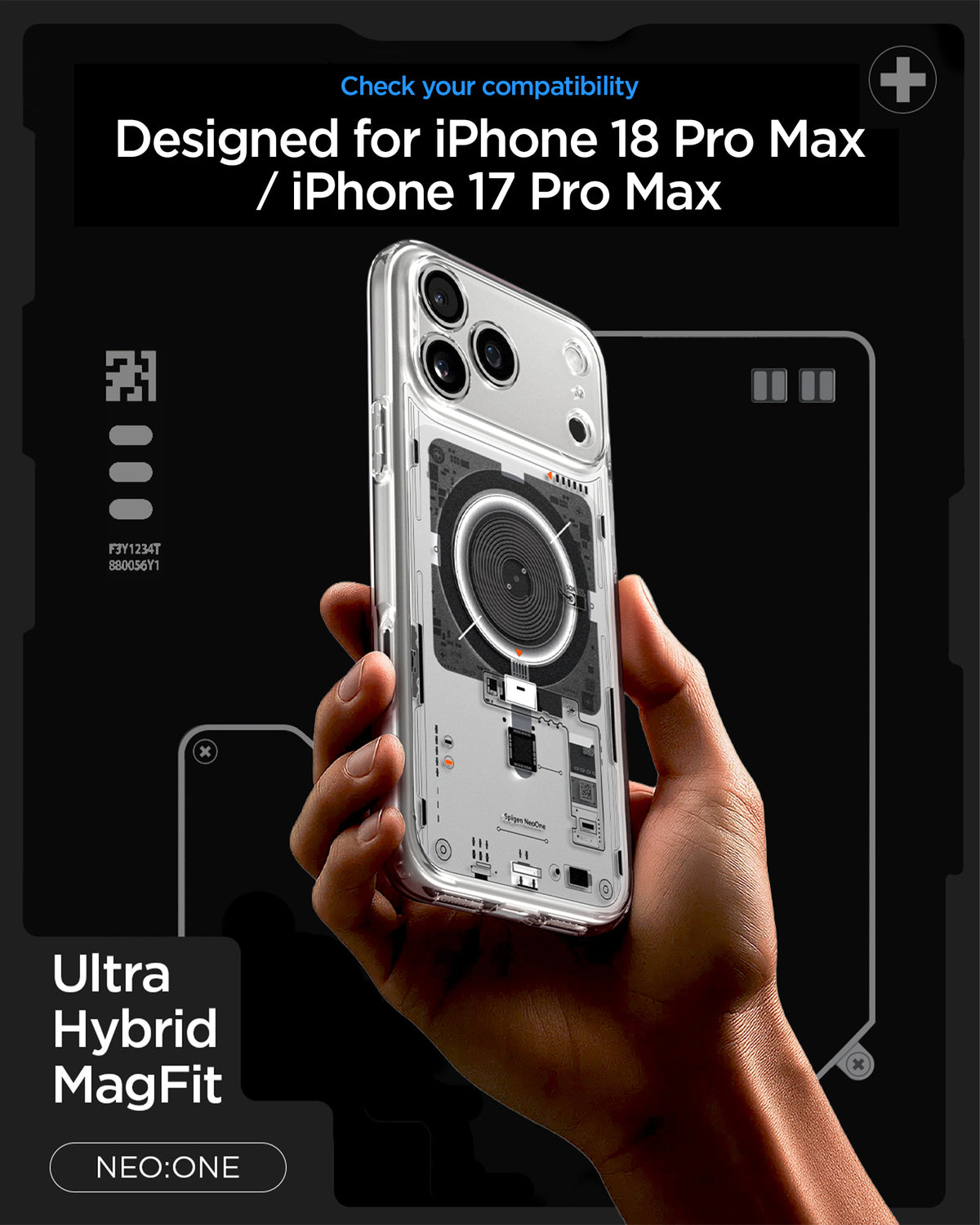 ACS10043 - iPhone 17 Pro Max Ultra Hybrid Neo One (MagFit) showing a detailed teardown-inspired back design with integrated magnetic alignment and transparent protection