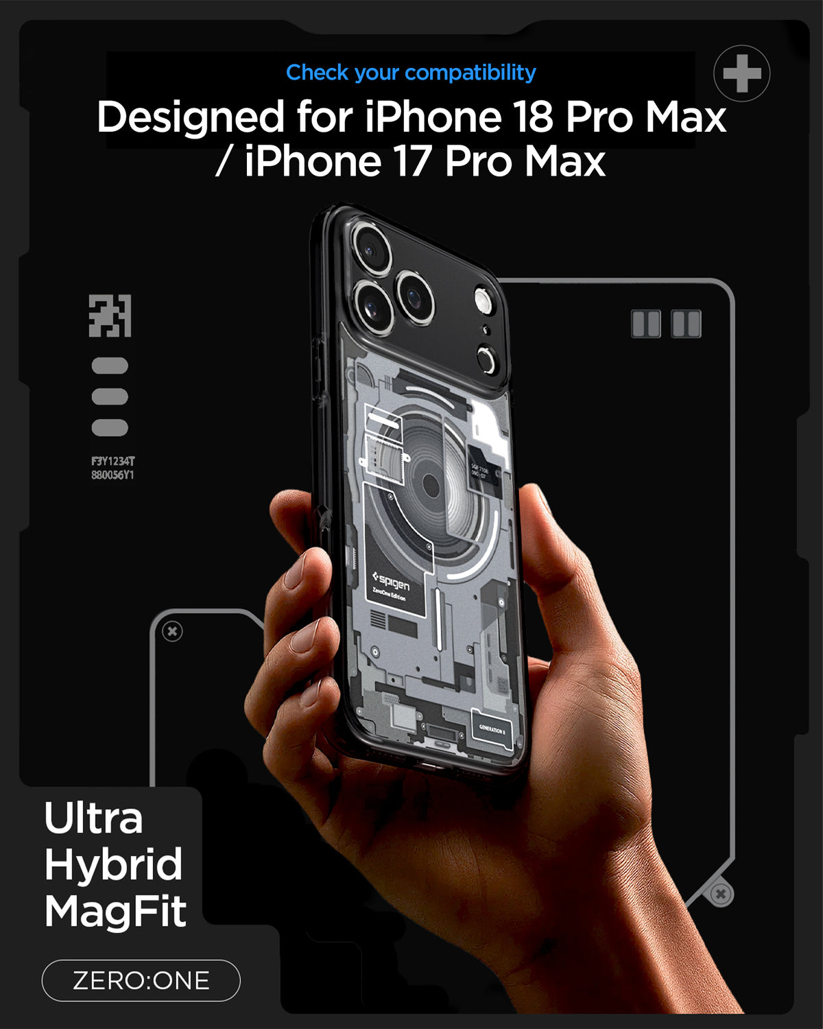 ACS10042CA - iPhone 18 Pro Max / iPhone 17 Pro Max Ultra Hybrid Zero One (MagFit) Black showing a transparent case with a detailed schematic back design and integrated magnetic alignment