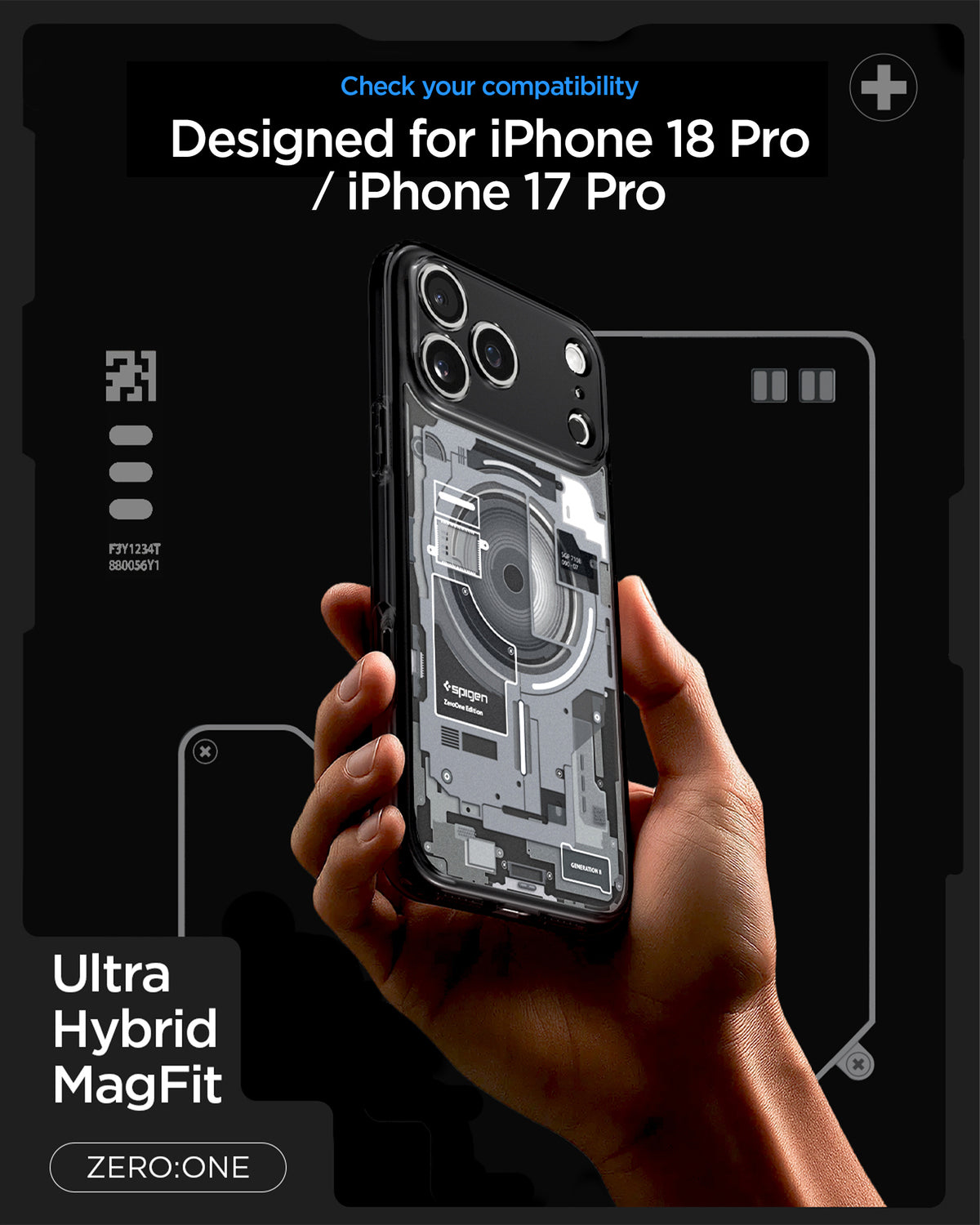 ACS10073CC - iPhone 18 Pro / iPhone 17 Pro Ultra Hybrid Zero One (MagFit) Black showing a transparent case with a detailed schematic back design and integrated magnetic alignment