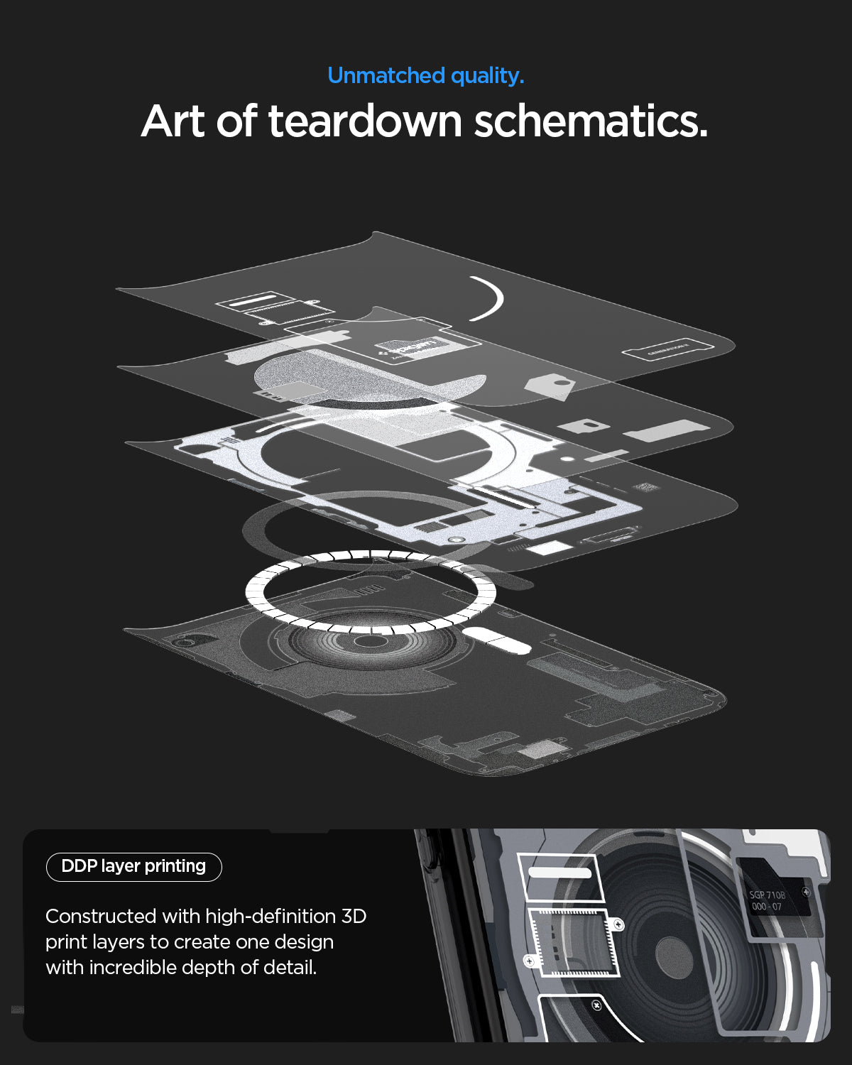 ACS10042CA - iPhone 18 Pro Max / iPhone 17 Pro Max Ultra Hybrid Zero One (MagFit) Black showing high-definition layered printing that creates a detailed teardown-inspired schematic design