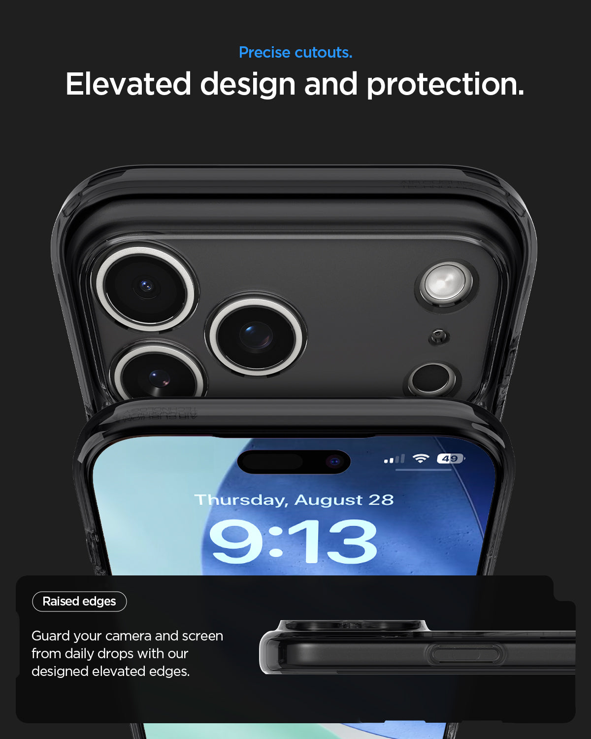 ACS10073 - iPhone 17 Pro Case Ultra Hybrid Zero One (MagFit) in Zero One Black showing precise cutouts. Elevated design and protection. Raised edges guard your camera and screen from daily drops with our designed elevated edges.
