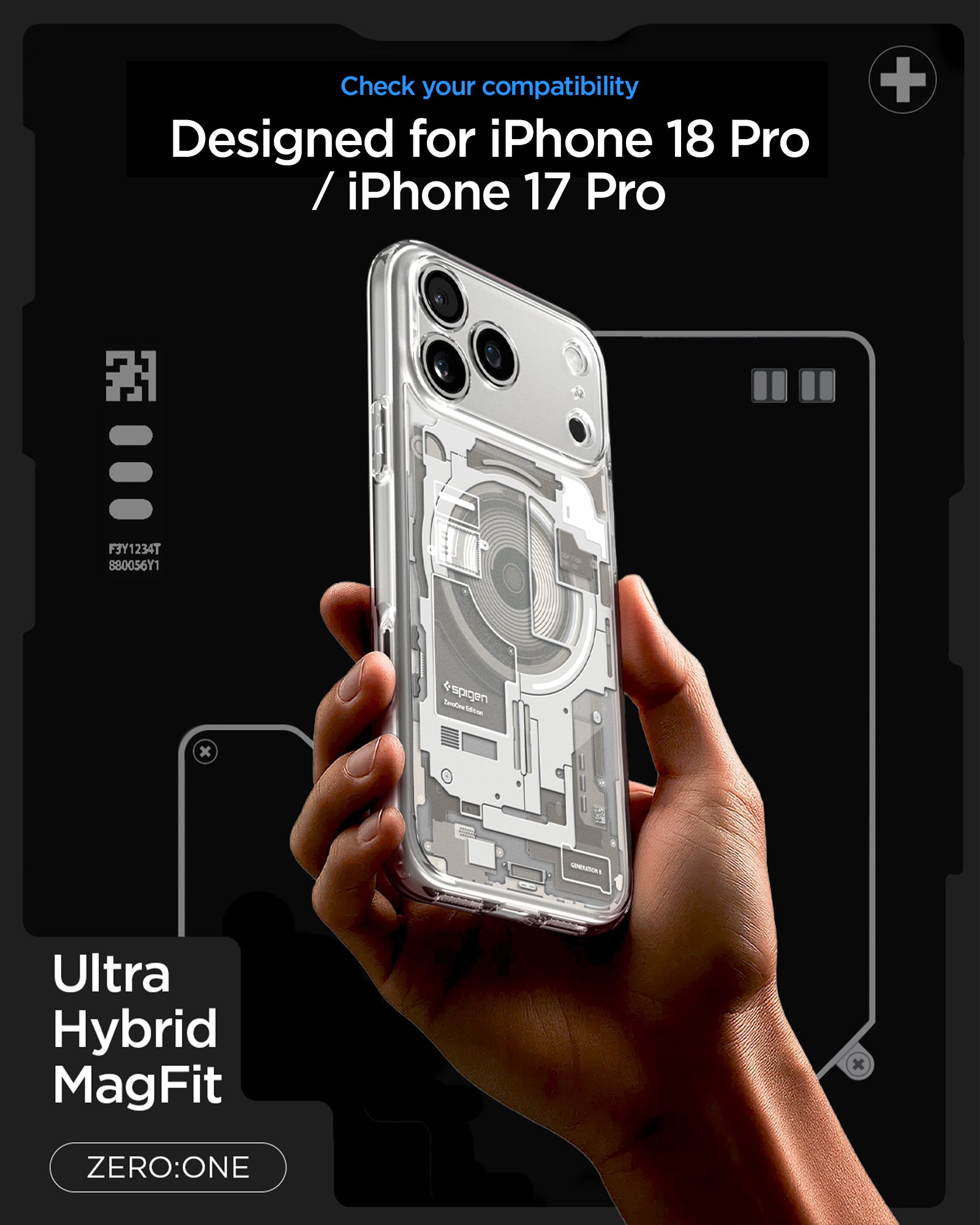 ACS10072CA - iPhone 18 Pro / iPhone 17 Pro Ultra Hybrid Zero One (MagFit) Natural Titanium showing a transparent case with a detailed schematic back design and integrated magnetic alignment