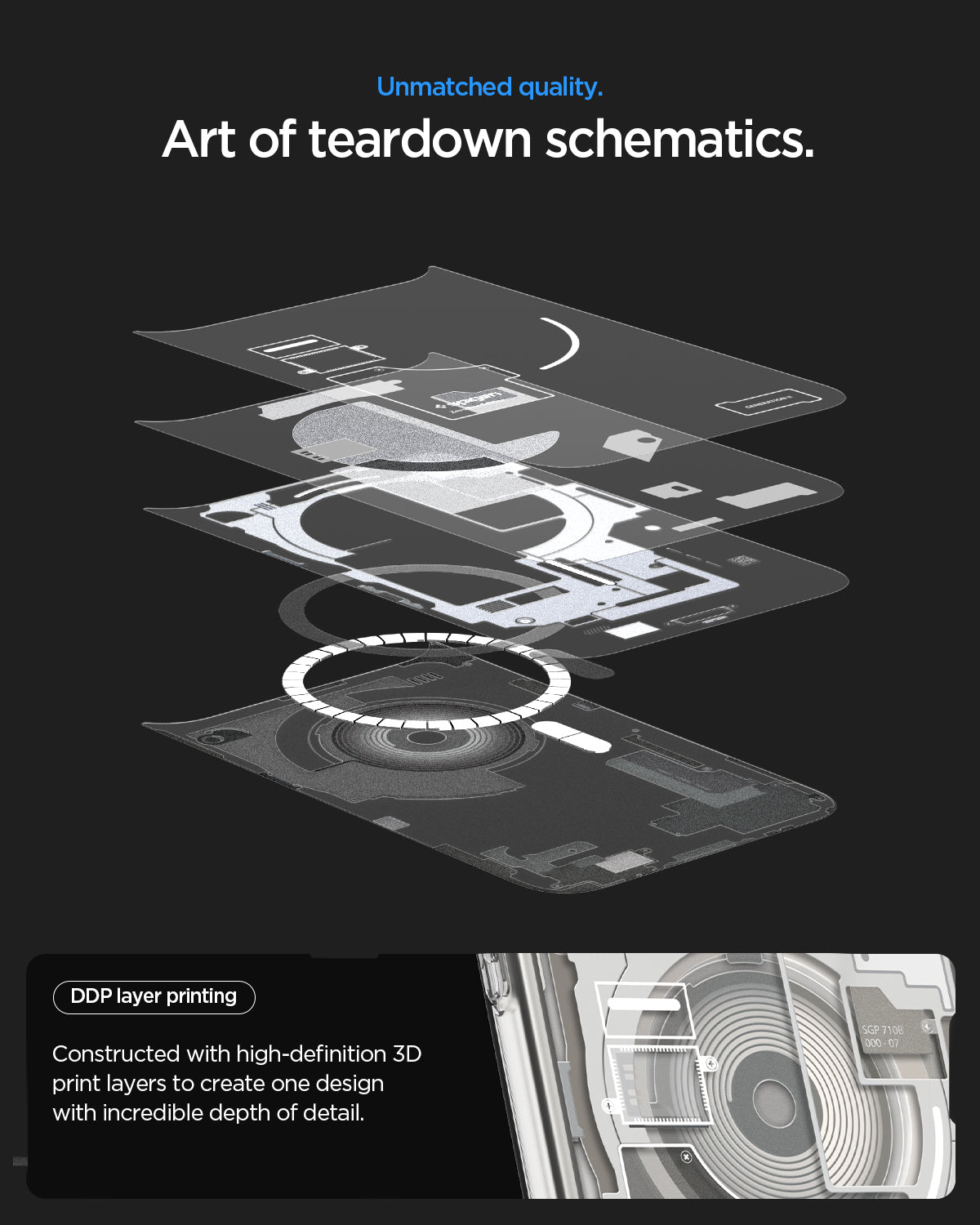 ACS10072CA - iPhone 18 Pro / iPhone 17 Pro Ultra Hybrid Zero One (MagFit) Natural Titanium showing high-definition layered printing that creates a detailed teardown-inspired schematic design