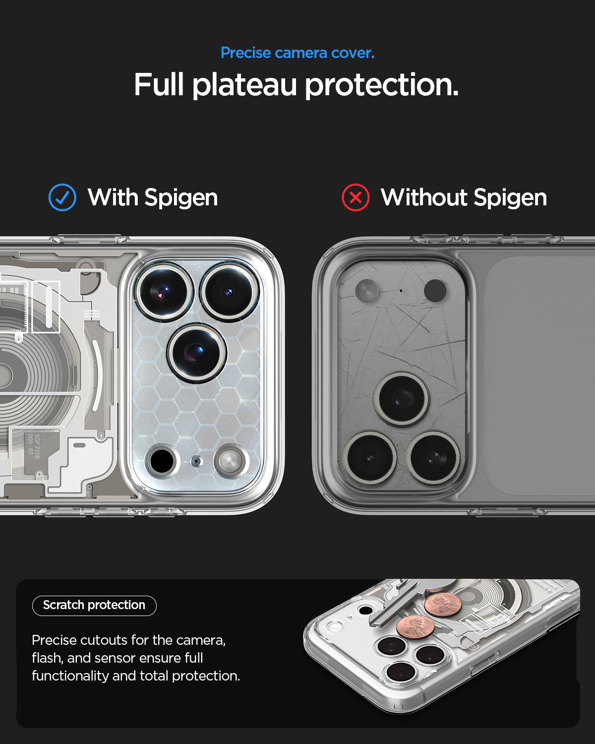ACS10072CA - iPhone 18 Pro / iPhone 17 Pro Ultra Hybrid Zero One (MagFit) Natural Titanium showing full camera plateau coverage with precise cutouts for scratch protection and functionality