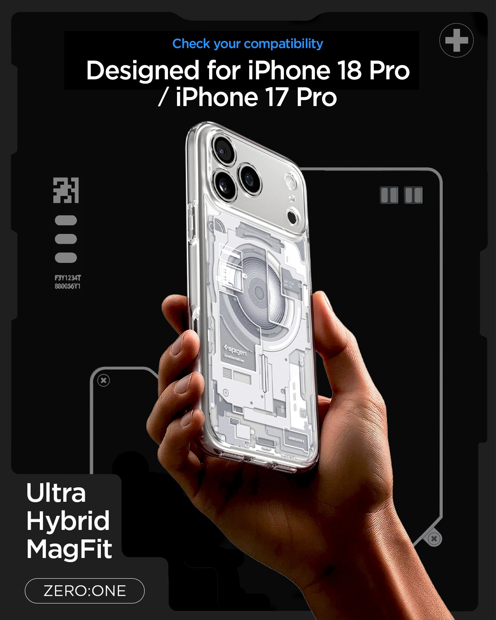 ACS10071CC - iPhone 18 Pro / iPhone 17 Pro Ultra Hybrid Zero One (MagFit) White showing a transparent case with a detailed schematic back design and integrated magnetic alignment