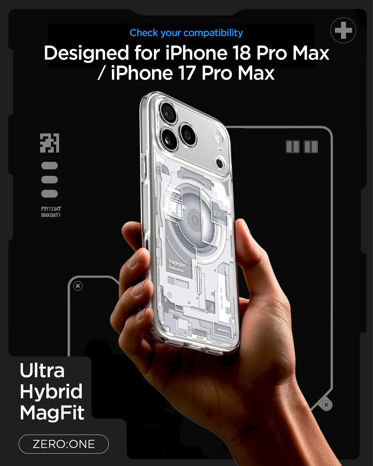 ACS10040CA - iPhone 18 Pro Max / iPhone 17 Pro Max Ultra Hybrid Zero One (MagFit) White showing a transparent case with a detailed schematic back design and integrated magnetic alignment
