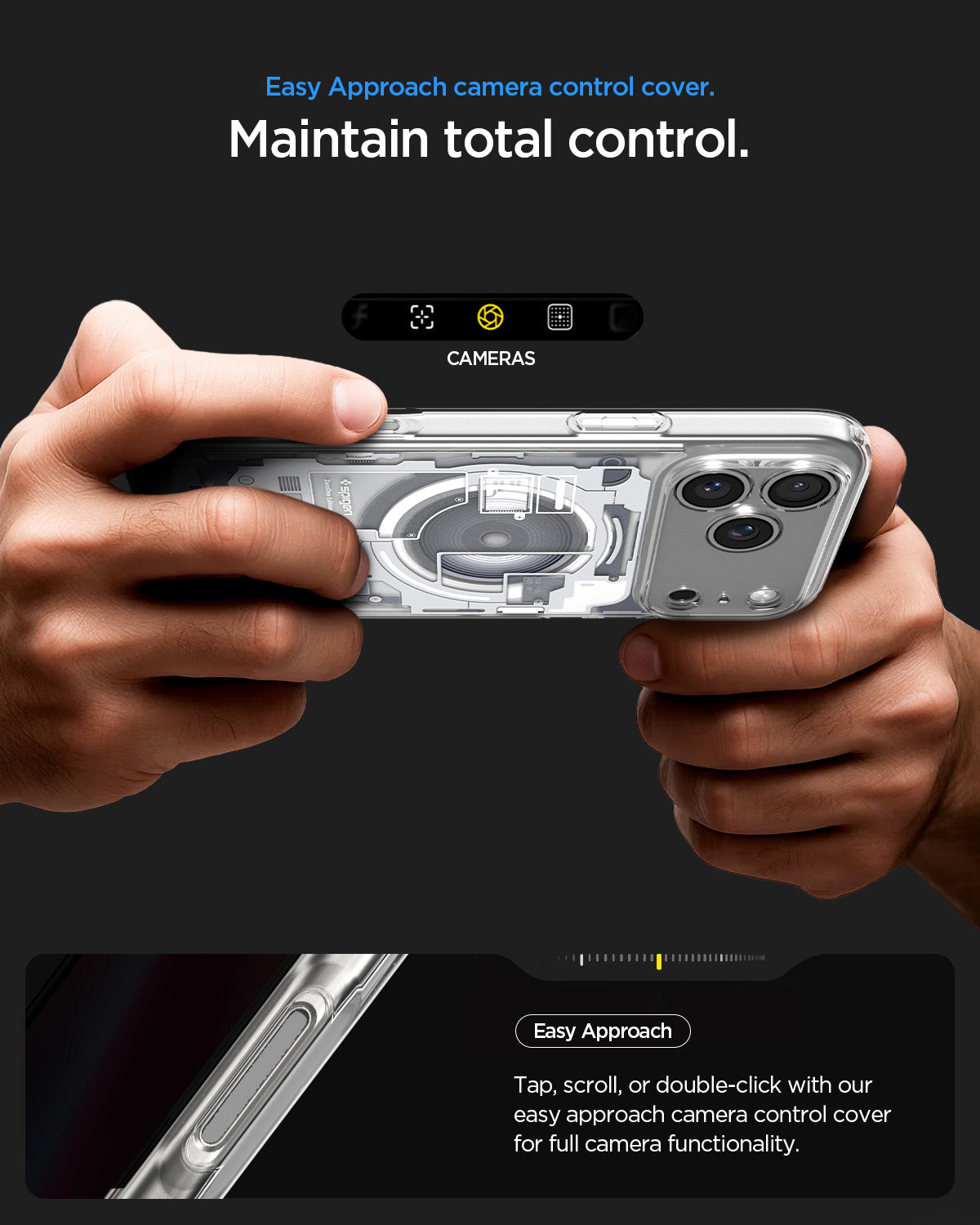 ACS10071 - iPhone 17 Pro Case Ultra Hybrid Zero One (MagFit) in Zero One White showing easy approach camera control cover. Maintain total control. Tap, scroll, or double click with out east approach camera control cover for full camera functionality.