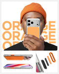 ACS10471 - iPhone 17 Pro Ultra Hybrid T (MagFit) in Glossy Orange showing Orange letter and person holding Ultra Hybrid T (MagFit) in Glossy Orange