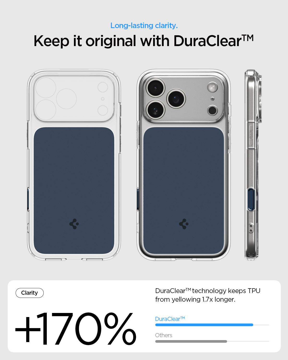 ACS10470 - iPhone 17 Pro Ultra Hybrid T (MagFit) in Matte Blue showing long lasting clarity. Keep it original with dura clear.