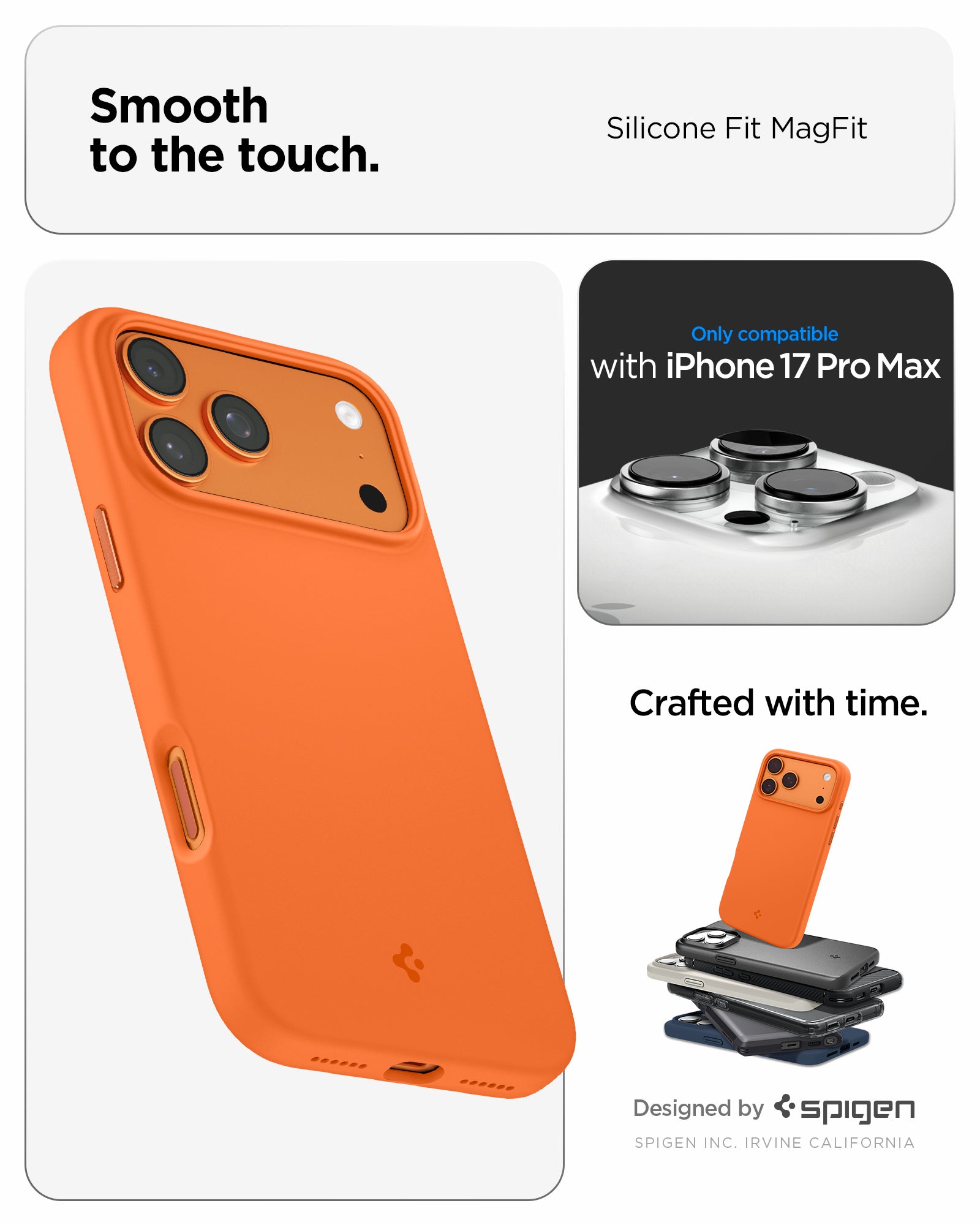 ACS11379 - iPhone 17 Pro Max Silicone Fit (Mag Fit) in Cosmic Orange showing smooth to the touch. designed by spigen.