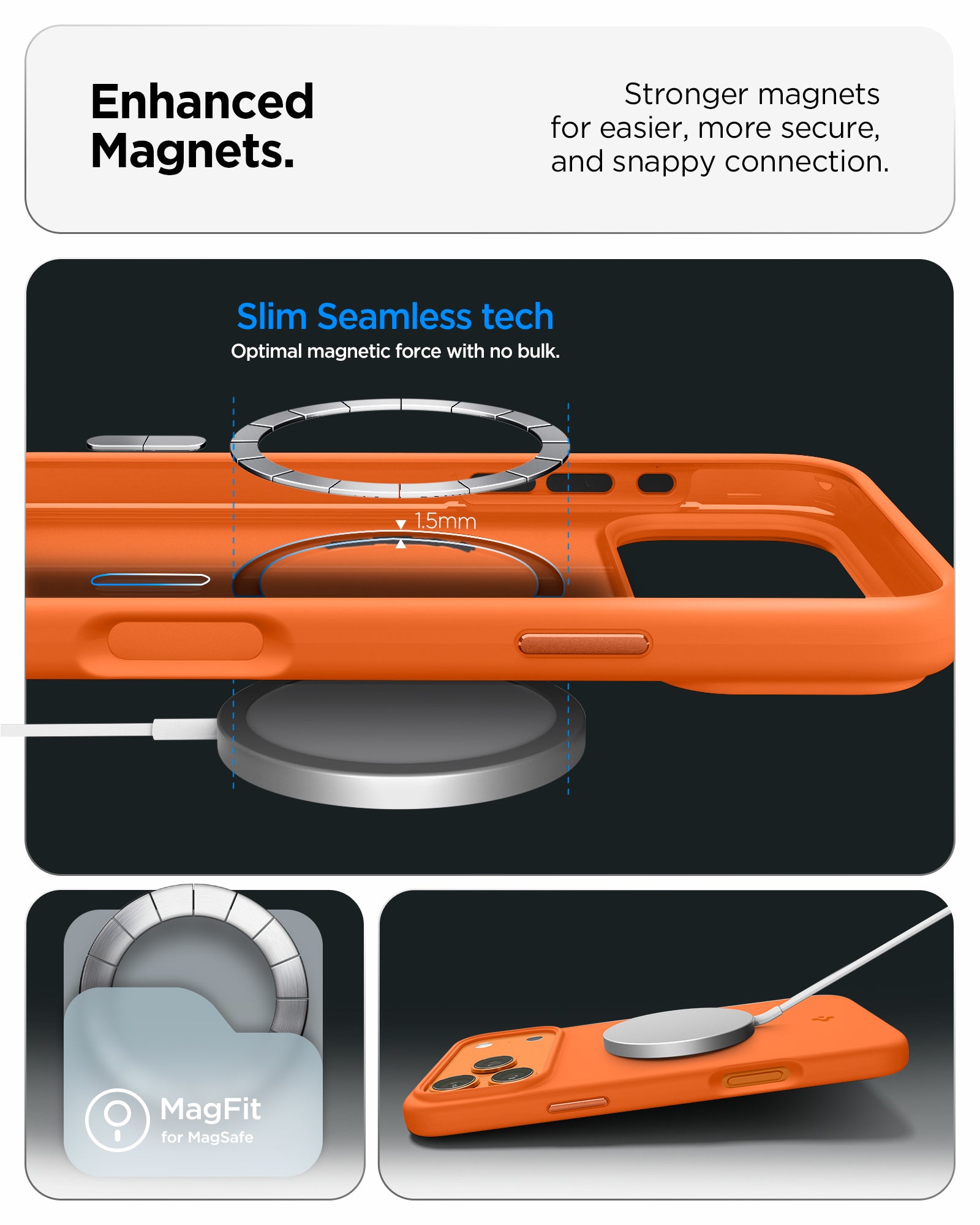 ACS11379 - iPhone 17 Pro Max Silicone Fit (Mag Fit) in Cosmic Orange showing enhanced magnets. stronger magnets for easier more secure and snappy connection.