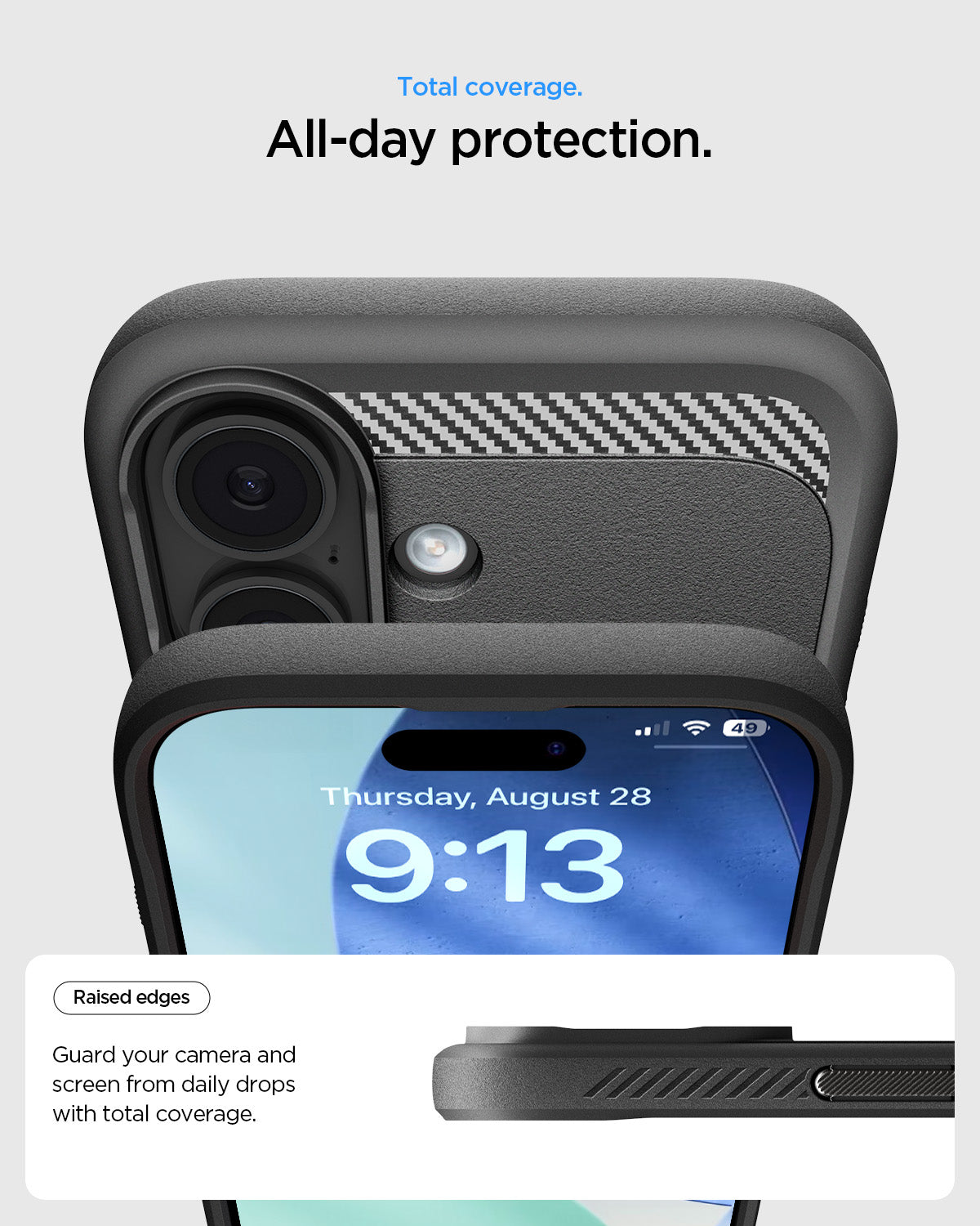 ACS09975 - iPhone 17 Rugged Armor (MagFit) in Matte Black showing total coverage. all day protection. Raised edges. Guard your camera and screen from daily drops with total coverage