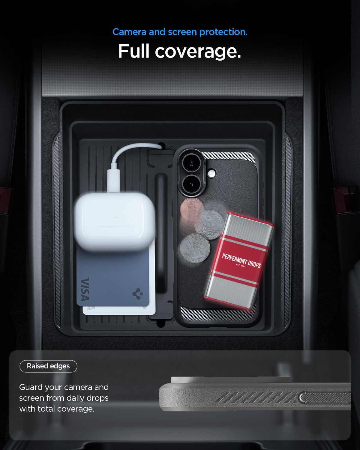 ACS09975 - iPhone 17 Rugged Armor (MagFit) in Matte Black showing precise TPU camera plateau coverage. Full camera plateau protection.