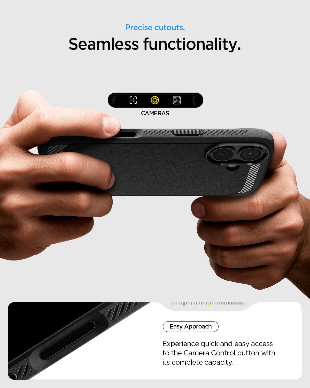 ACS09975 - iPhone 17 Rugged Armor (MagFit) in Matte Black showing precise cutouts. seamless functionality. Easy approach. Experience quick and easy access to the camera control button with its complete acapacity.