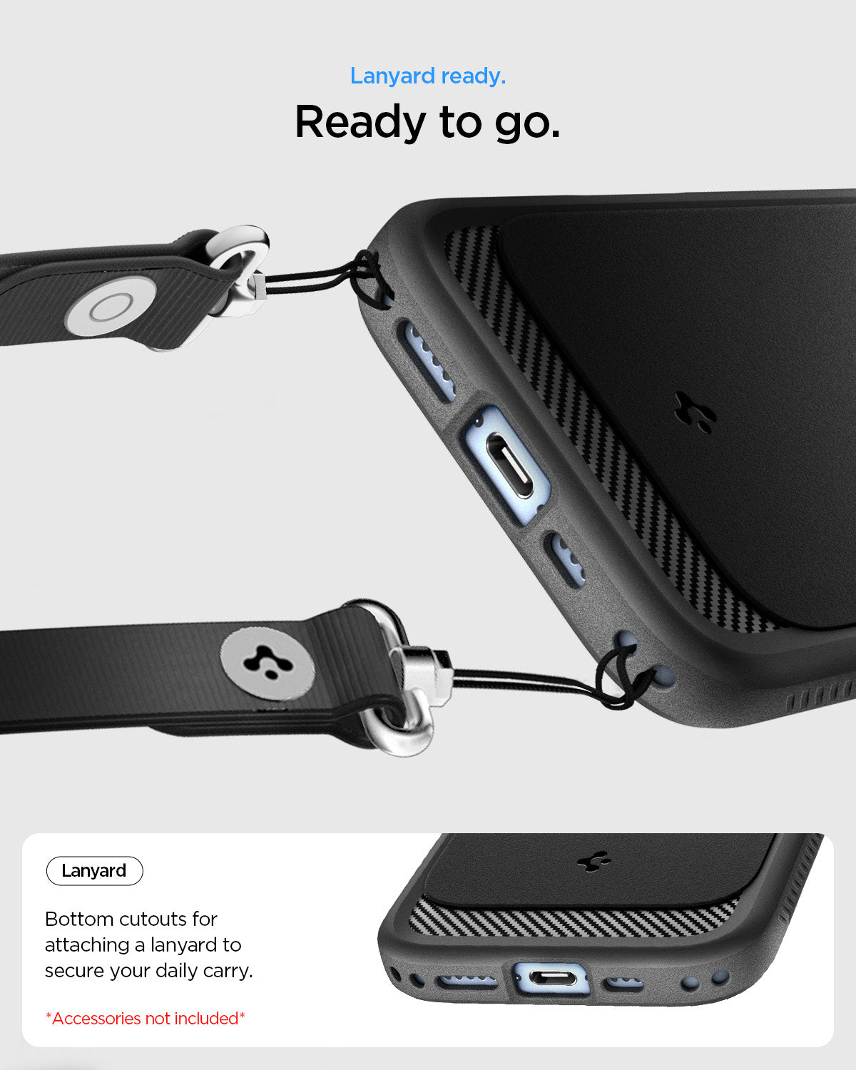 ACS09975 - iPhone 17 Rugged Armor (MagFit) in Matte Black showing lanyard ready. ready to go