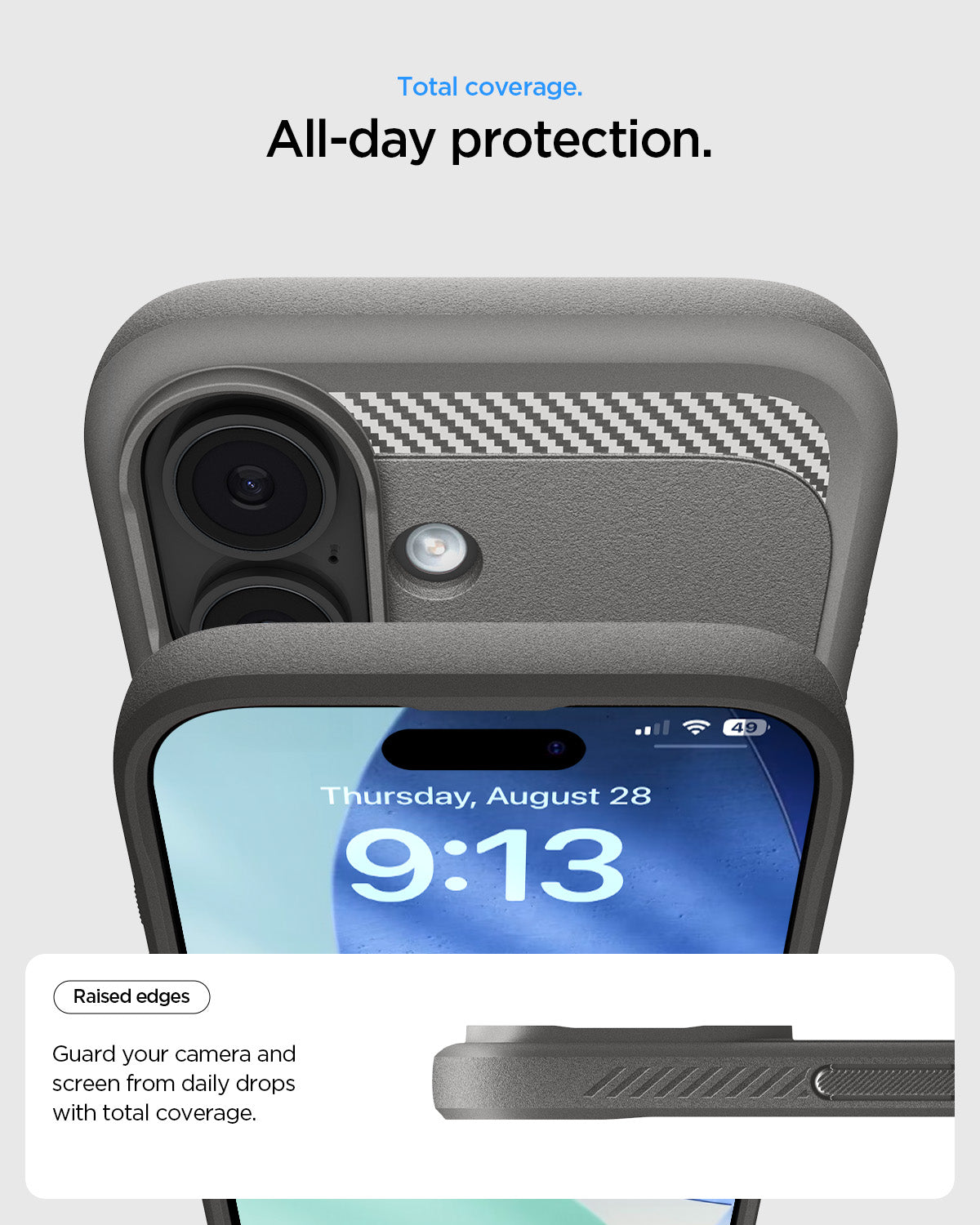 ACS09976 - iPhone 17 Rugged Armor (MagFit) in Gray showing total coverage. all day protection. Raised edges. Guard your camera and screen from daily drops with total coverage