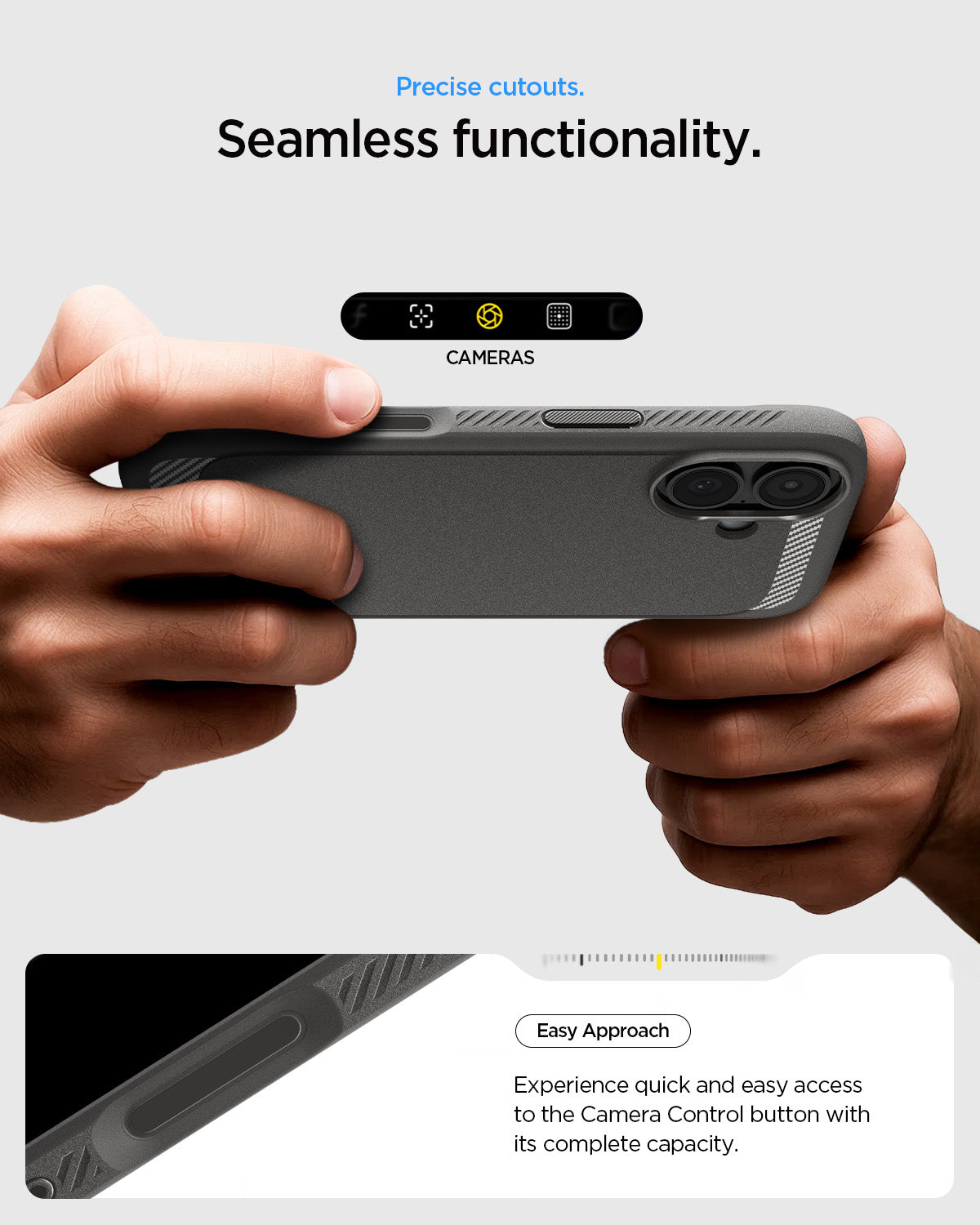 ACS09976 - iPhone 17 Rugged Armor (MagFit) in Gray showing precise cutouts. seamless functionality. Easy approach. Experience quick and easy access to the camera control button with its complete acapacity.