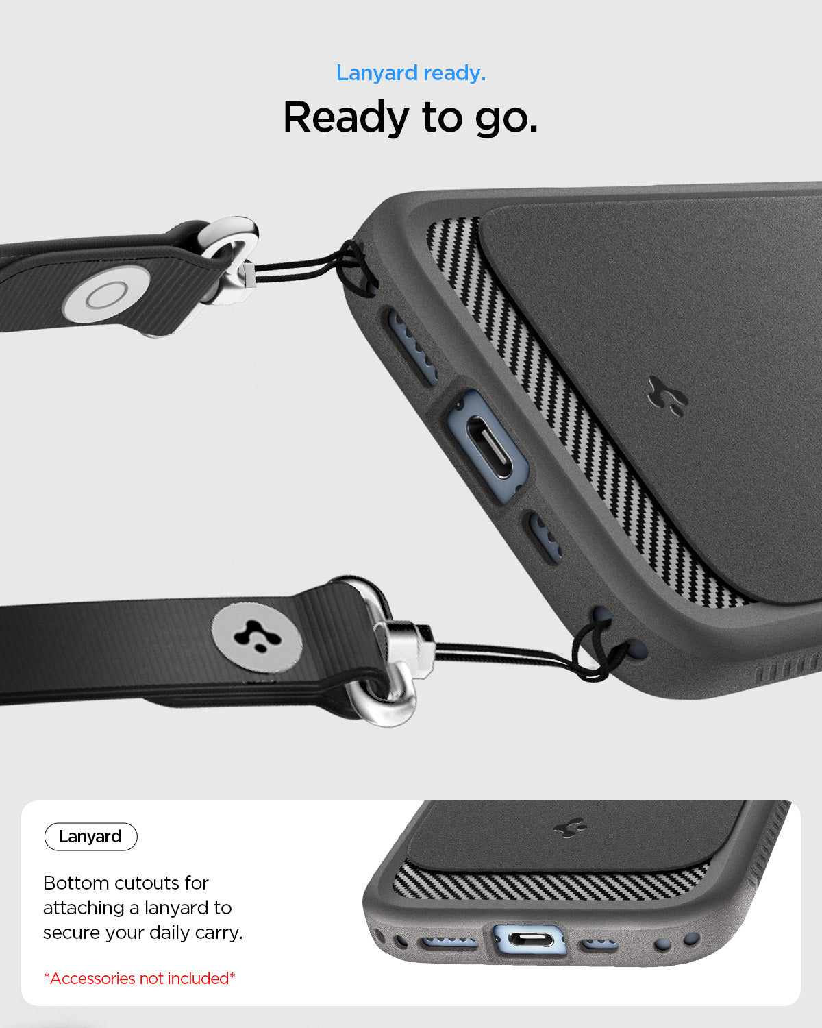 ACS09976 - iPhone 17 Rugged Armor (MagFit) in Gray showing lanyard ready. ready to go