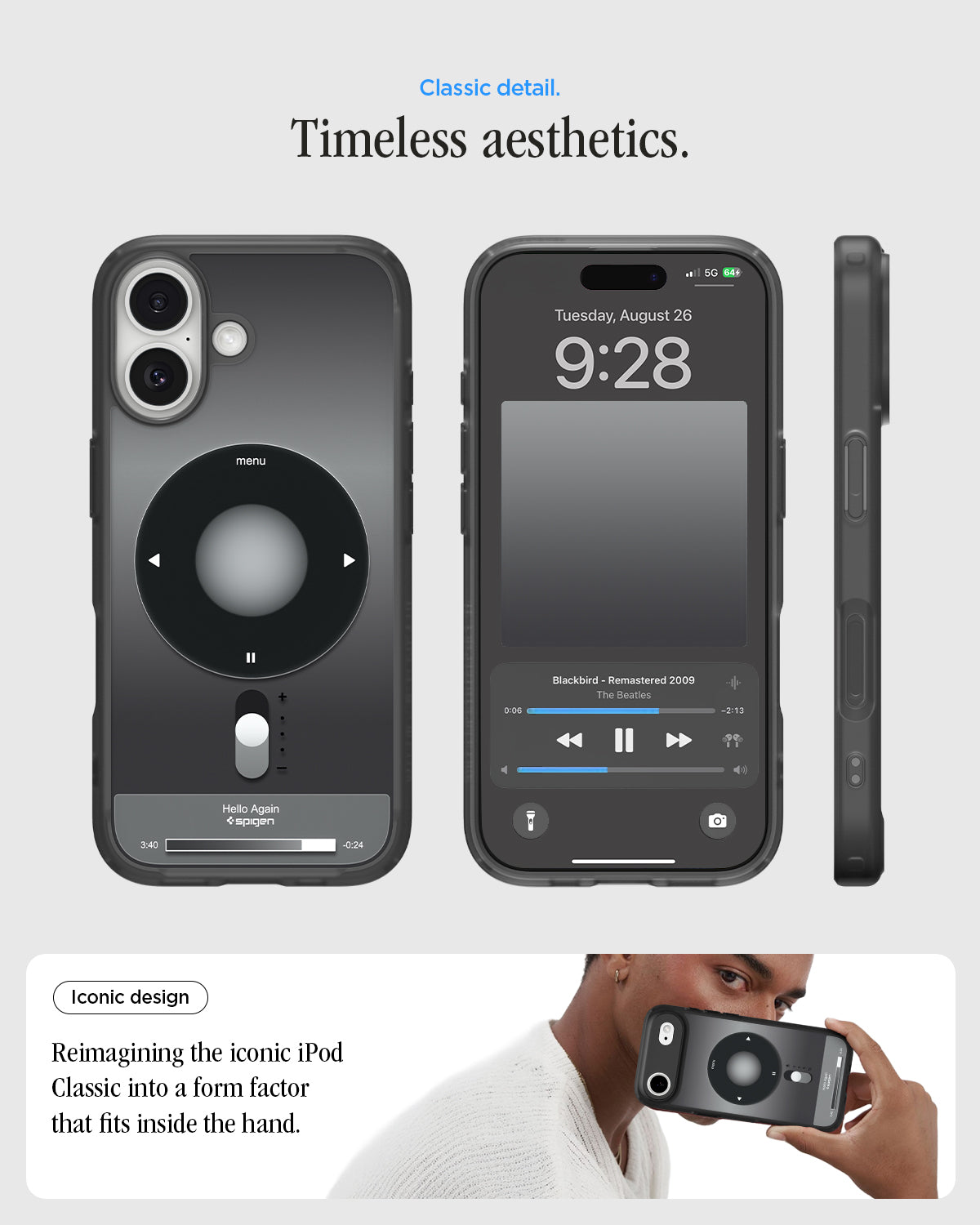 ACS10092 - iPhone 17 Ultra Hybrid Classic (MagFit) in Classic Black showing classic detail. timeless aesthetics. iconic design. reimagining the iconic iPod Classic into a form factor that fits inside the hand.