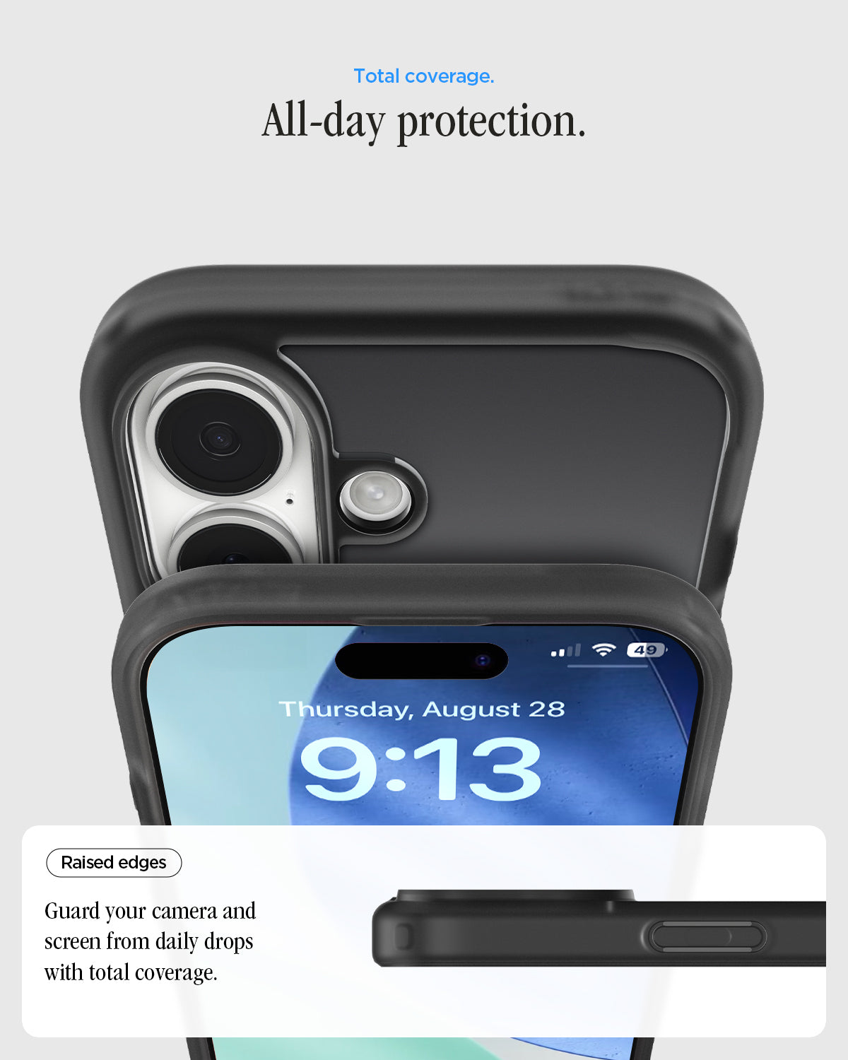 ACS10092 - iPhone 17 Ultra Hybrid Classic (MagFit) in Classic Black showing total coverage. all day protection. raised edges. guard your camera and screen from daily drops with total coverage.