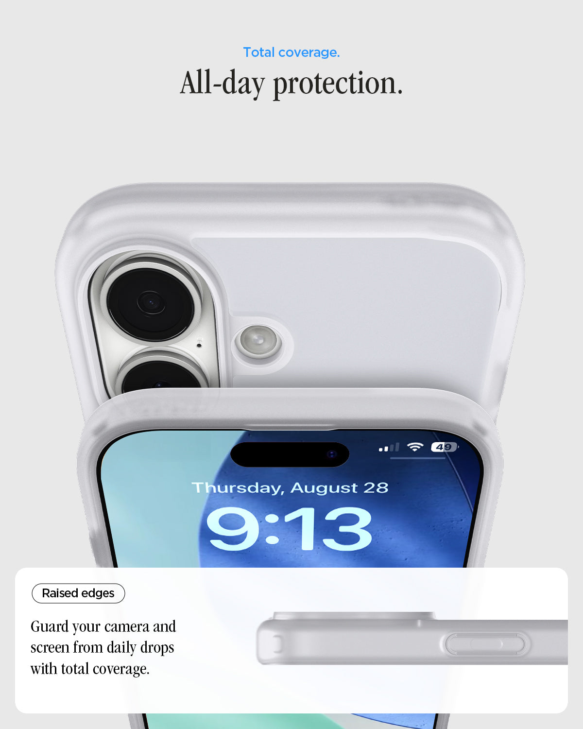 ACS10091 - iPhone 17 Ultra Hybrid Classic (MagFit) in Classic Silver showing total coverage. all day protection. raised edges. guard your camera and screen from daily drops with total coverage.