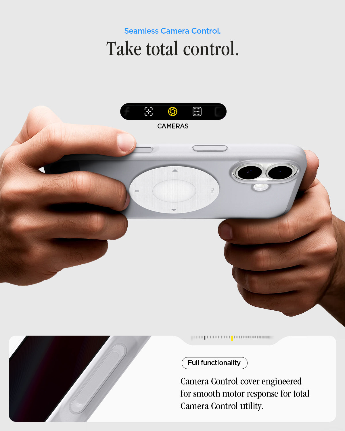 ACS10091 - iPhone 17 Ultra Hybrid Classic (MagFit) in Classic Silver showing seamless camera control. take total control. Full functionality. Camera control cover engineered for smooth motor response for total camera control utility.