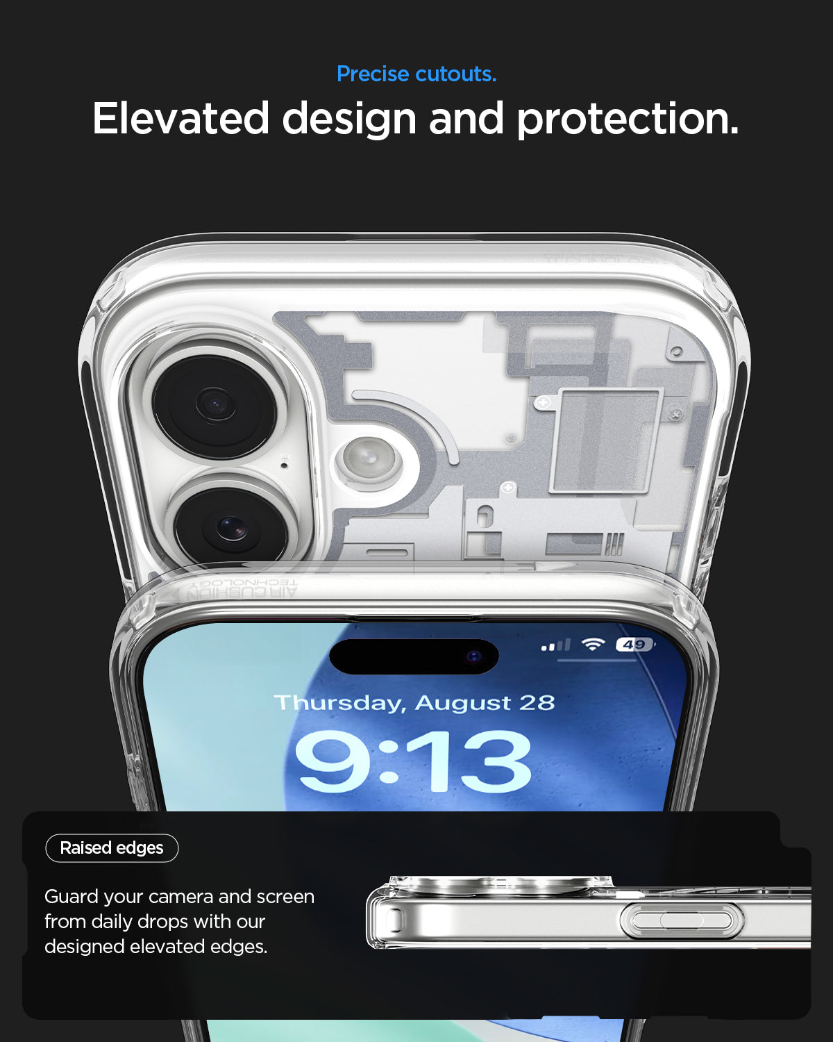 ACS10087 - iPhone 17 Ultra Hybrid Zero One (MagFit) in Zero One White showing precise cutouts. Elevated design and protection. Raised edges guard your camera and screen from daily drops with our designed elevated edges.