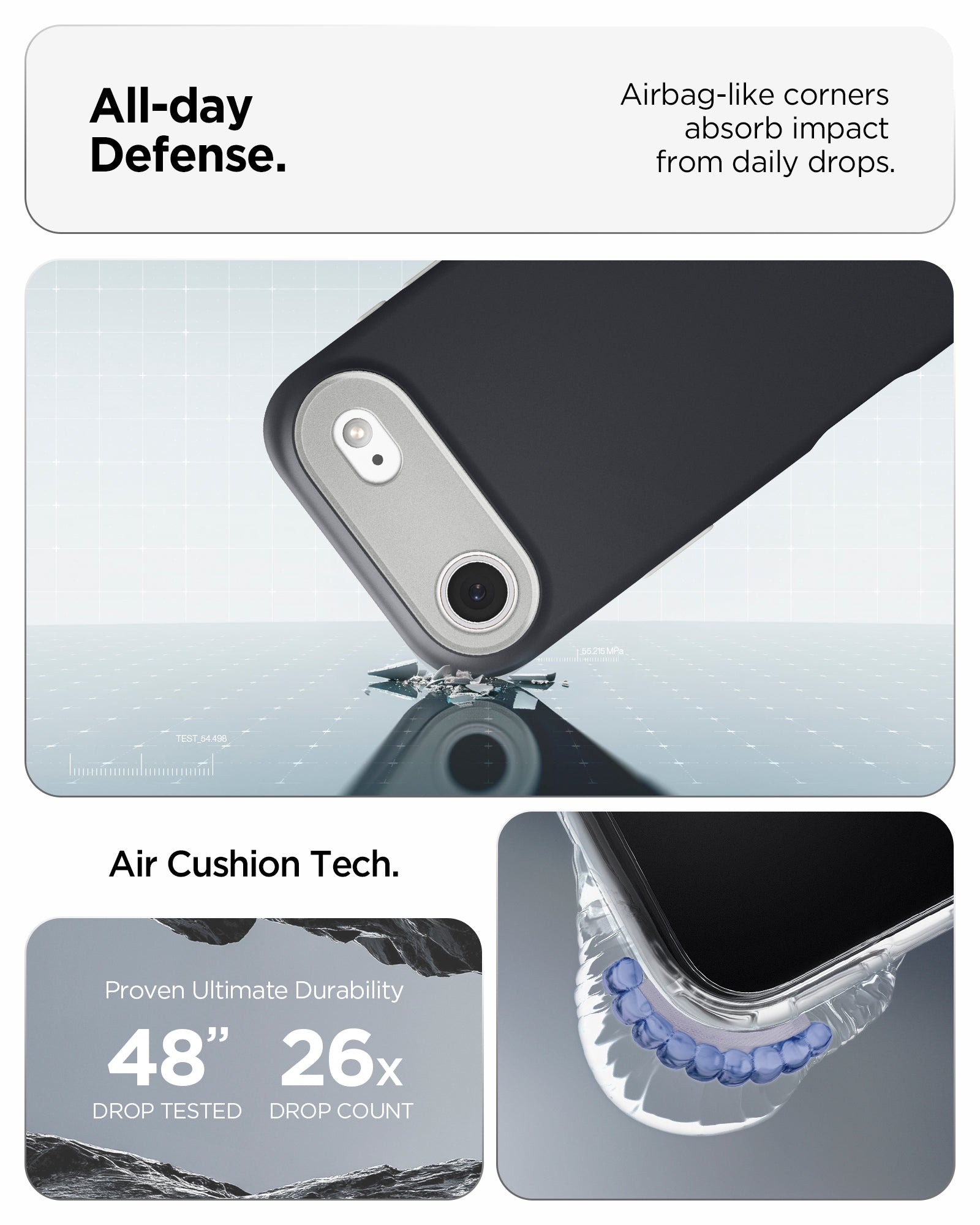 ACS09933 - iPhone 17 Air Case Nano Pop (MagFit) showing the all day defense with airbag like corners that absorb impact from daily drops