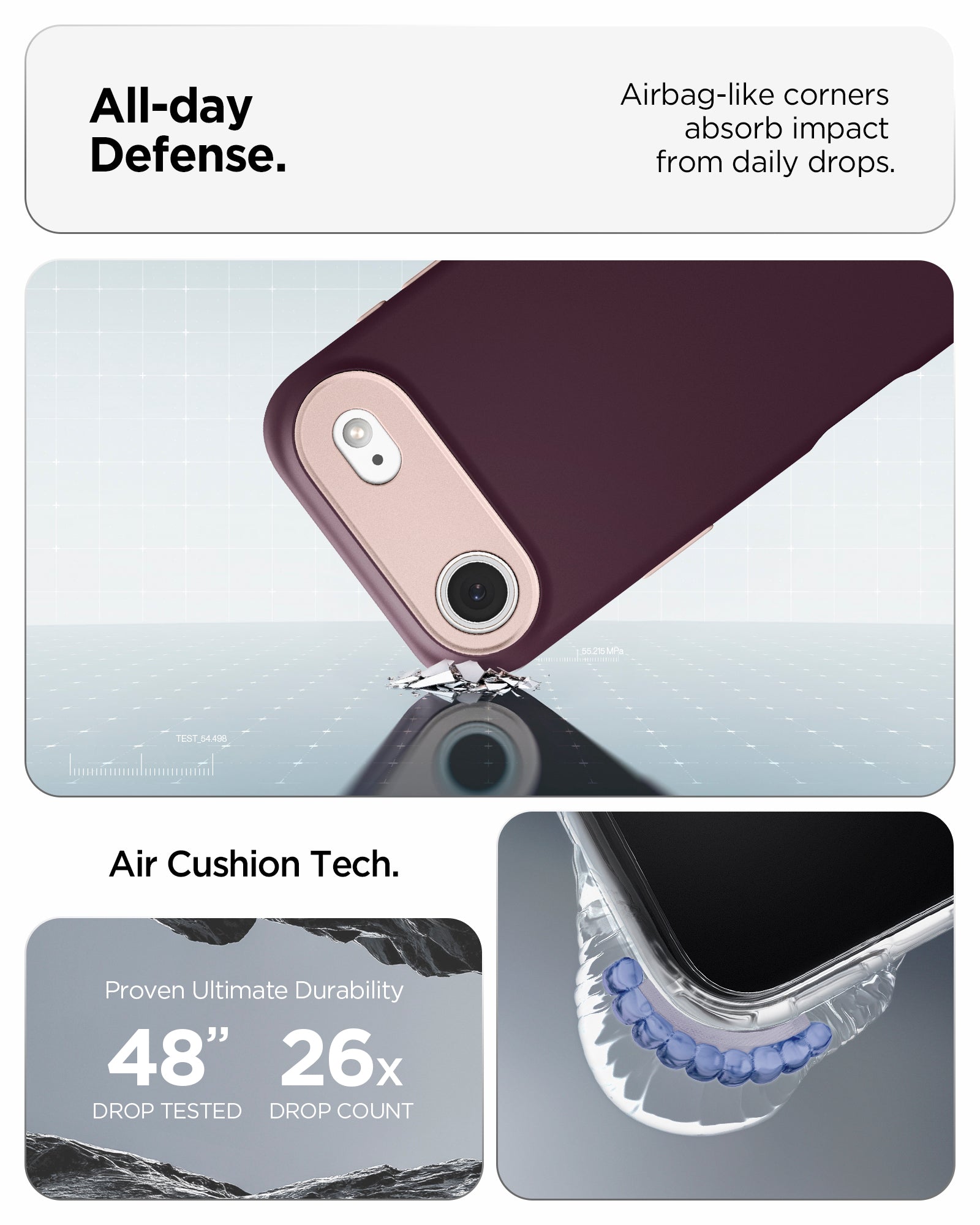 ACS09932 - iPhone 17 Air Case Nano Pop (MagFit) in burgundy bean showing the all day defense with airbag like corners that absorb impact from daily drops