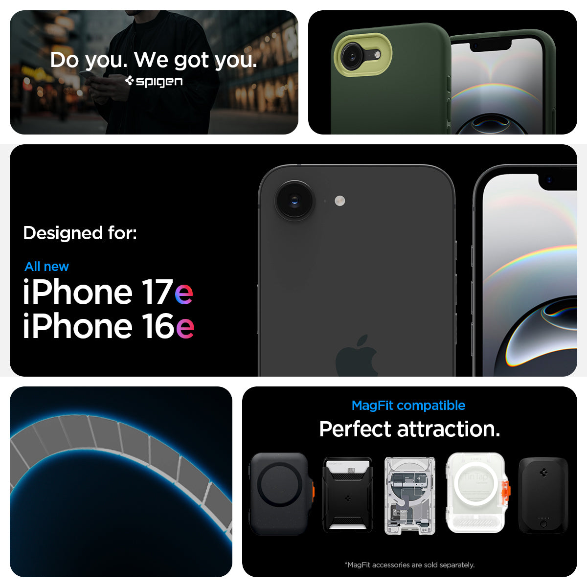 ACS09157 - iPhone 17e Case Nano Pop (MagFit) showing iPhone 17e and iPhone 16e compatibility and compatibility with Mag Fit. with Mag fit accessories showcases of Mag Fit wallets and chargers but Mag fit accessories are sold separately.