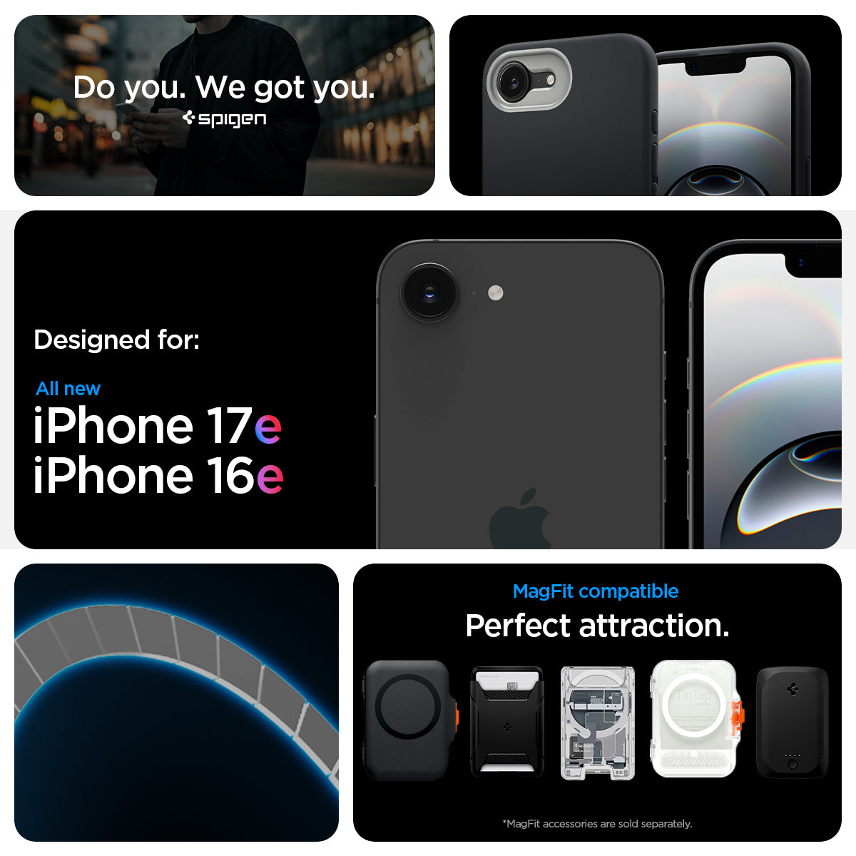 ACS09155 - iPhone 17e Case Nano Pop (MagFit) showing iPhone 17e and iPhone 16e compatibility and compatibility with Mag Fit. with Mag fit accessories showcases of Mag Fit wallets and chargers but Mag fit accessories are sold separately.