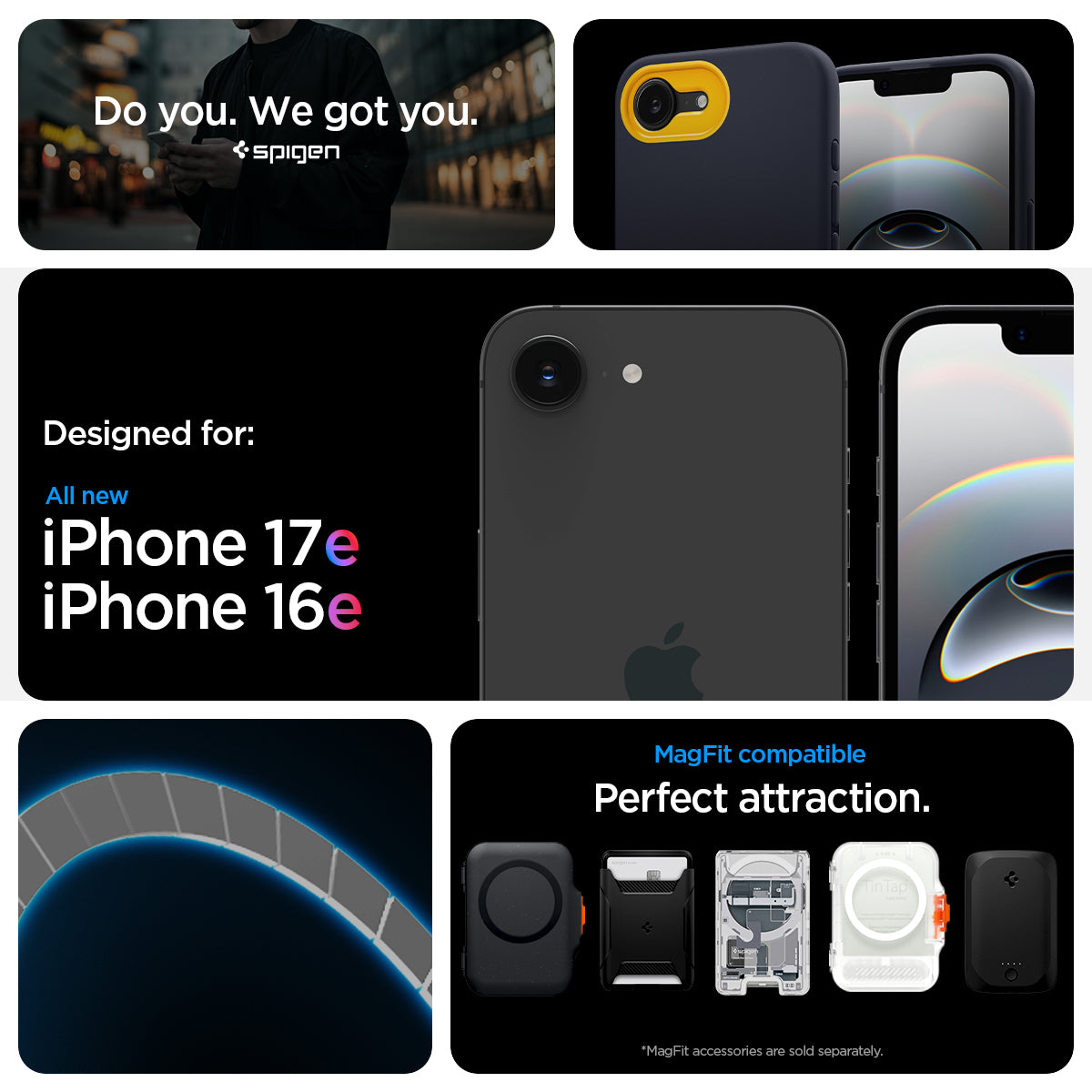 ACS09154 - iPhone 17e Case Nano Pop (MagFit) showing iPhone 17e and iPhone 16e compatibility and compatibility with Mag Fit. with Mag fit accessories showcases of Mag Fit wallets and chargers but Mag fit accessories are sold separately.
