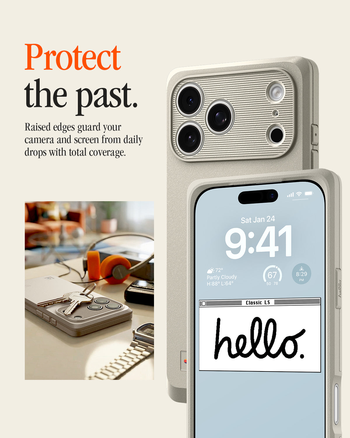 ACS10479CC - iPhone 18 Pro / iPhone 17 Pro Classic LS MagFit case showing the case's raised camera bezel and screen edge, with a lock screen reading "Classic LS hello." beside a desk scene.