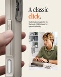 ACS10479CC - iPhone 18 Pro / iPhone 17 Pro Classic LS MagFit case showing a hand pressing the case's tactile side button, next to a man typing on a vintage Macintosh keyboard.