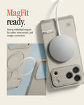 ACS10479CC - iPhone 18 Pro / iPhone 17 Pro Classic LS MagFit case showing the case with a MagSafe charger attached via embedded magnet, plus a close-up of the magnetic ring and lanyard cutout.