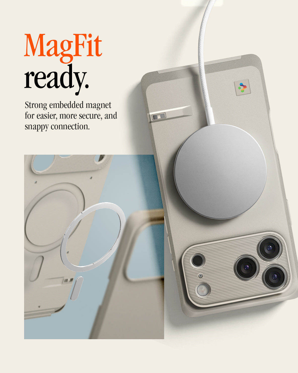 ACS10479CC - iPhone 18 Pro / iPhone 17 Pro Classic LS MagFit case showing the case with a MagSafe charger attached via embedded magnet, plus a close-up of the magnetic ring and lanyard cutout.