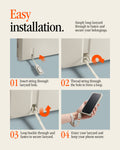 ACS10479CC - iPhone 18 Pro / iPhone 17 Pro Classic LS MagFit case showing four steps to install a lanyard: insert string, thread through hole, loop and fasten buckle, then carry phone.
