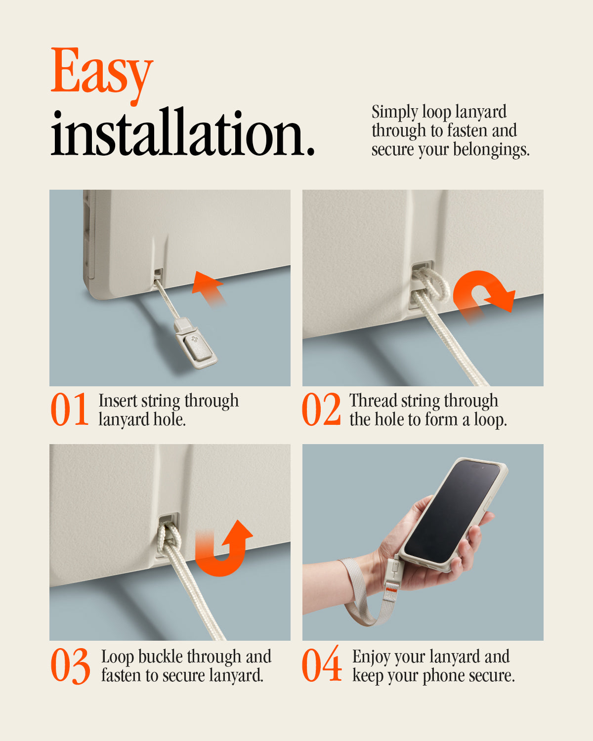 ACS10479CC - iPhone 18 Pro / iPhone 17 Pro Classic LS MagFit case showing four steps to install a lanyard: insert string, thread through hole, loop and fasten buckle, then carry phone.