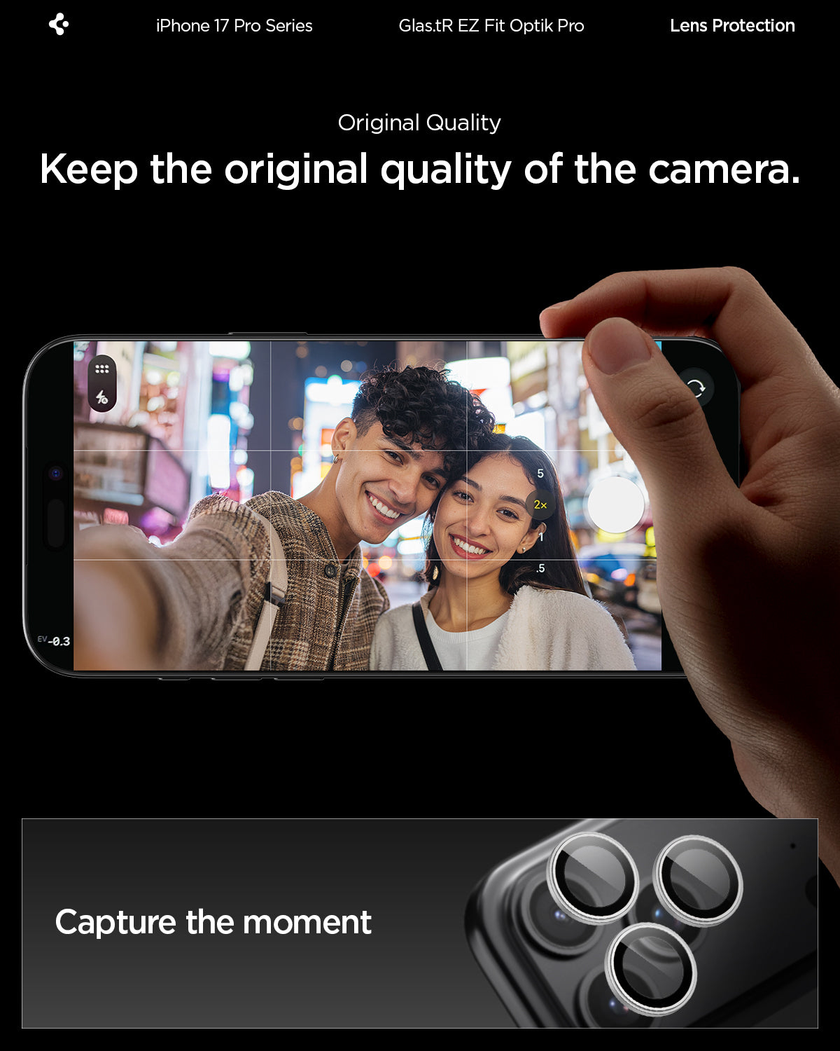 AGL10124 - iPhone 17 Pro Max Optik Pro EZ Fit Lens Protector showing the original quality. Keep the original quality of the camera and capture the moment