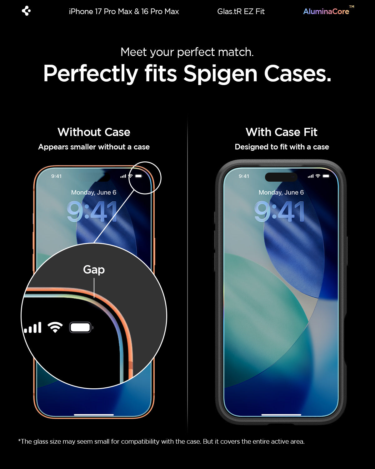 AGL07907 -iPhone 16 Pro Max GLAS.tR EZ Fit Sensor Protected showing case compatible edge design compared to non case fit