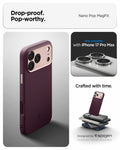 ACS09914 - iPhone 17 Pro Max Case Nano Pop (MagFit) in burgundy bean showing the drop proof and pop worthy of case