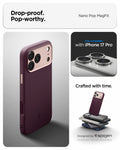 ACS09967 - iPhone 17 Pro Case Nano Pop (MagFit) in burgundy bean showing the drop proof and pop worthy of case