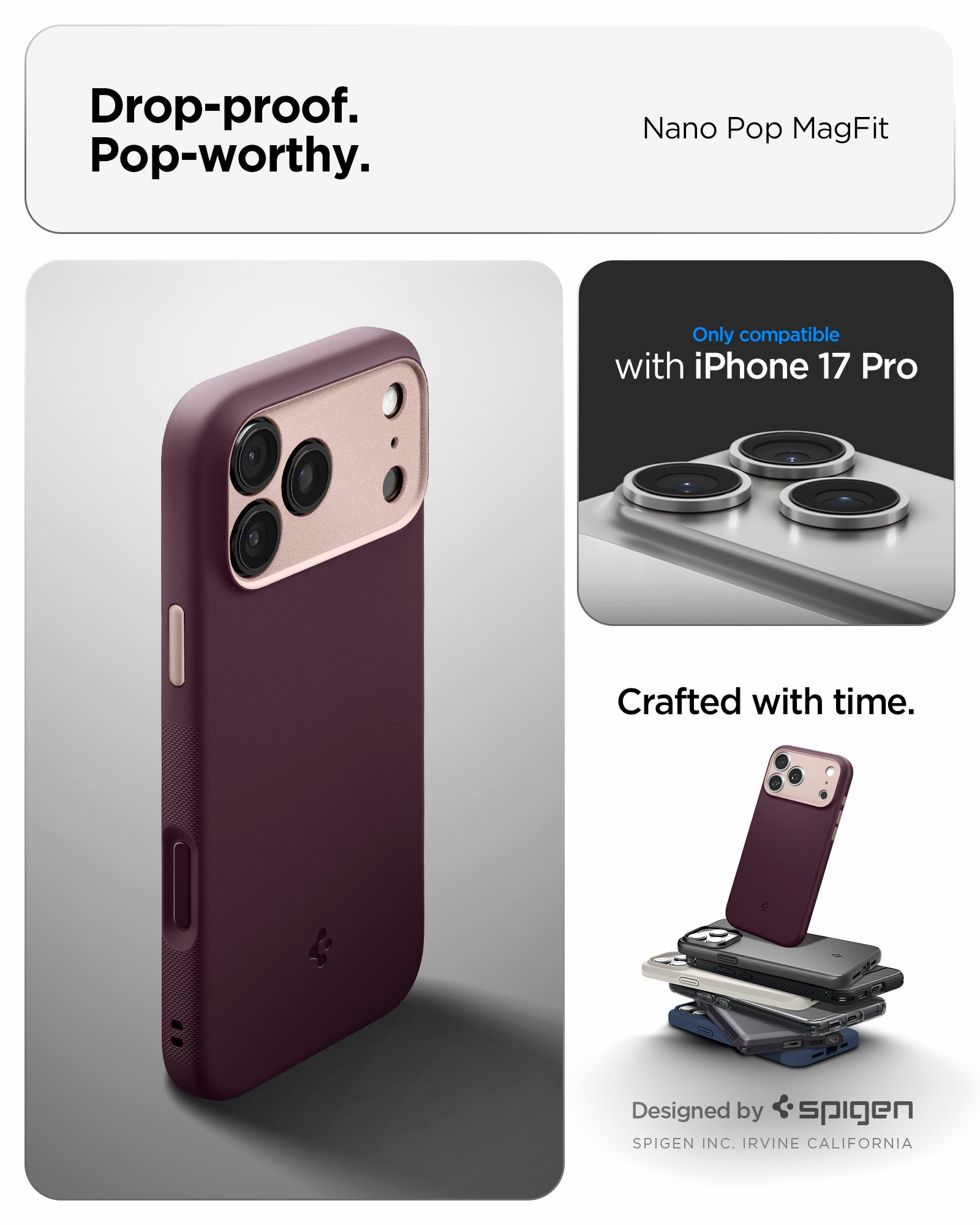 ACS09967 - iPhone 17 Pro Case Nano Pop (MagFit) in burgundy bean showing the drop proof and pop worthy of case