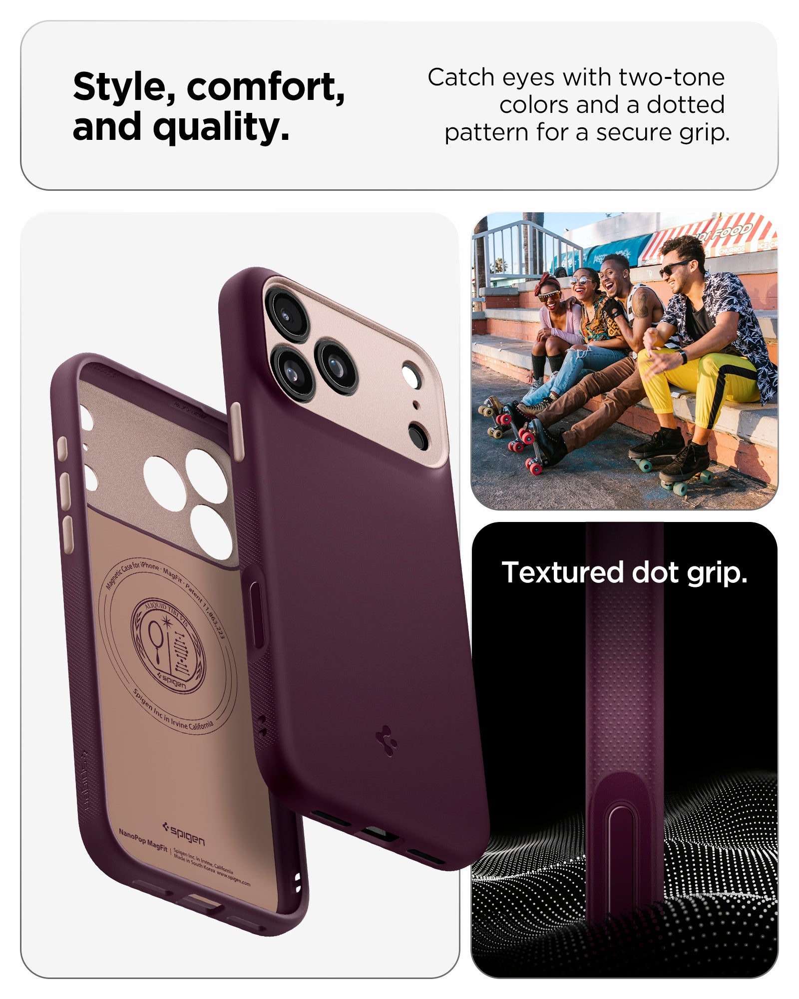 ACS09967 - iPhone 17 Pro Case Nano Pop (MagFit) in burgundy bean showing the style, comfort and quality. Catch eyes with two-tone colors and a dotted pattern for a secure grip