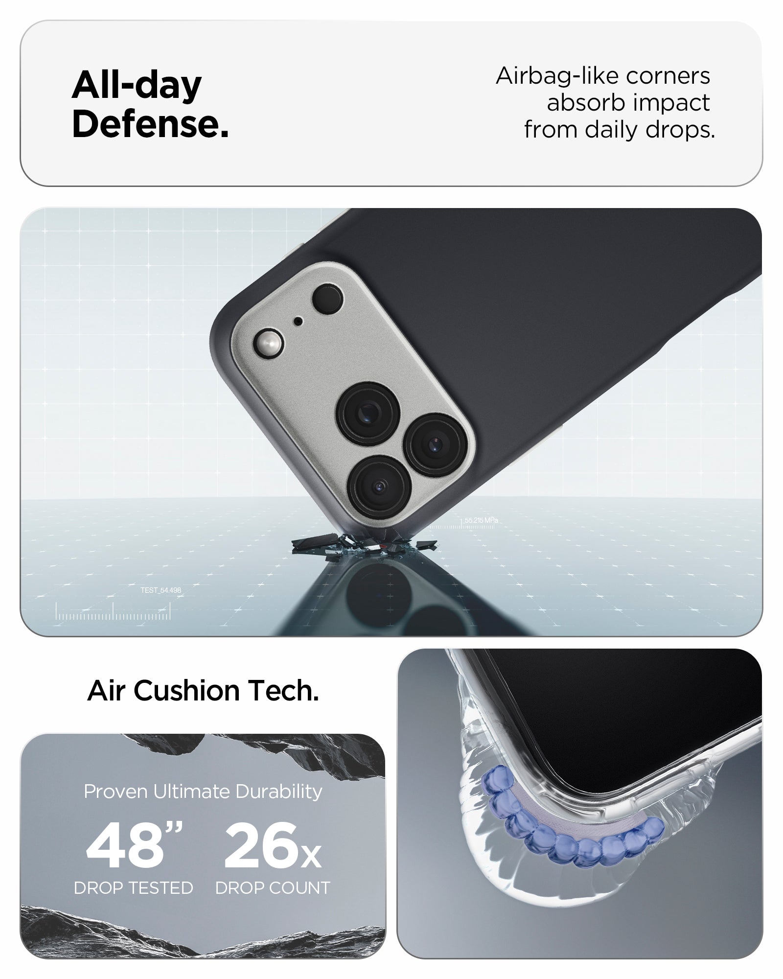 ACS09968 - iPhone 17 Pro Case Nano Pop (MagFit) showing the all day defense with airbag like corners that absorb impact from daily drops