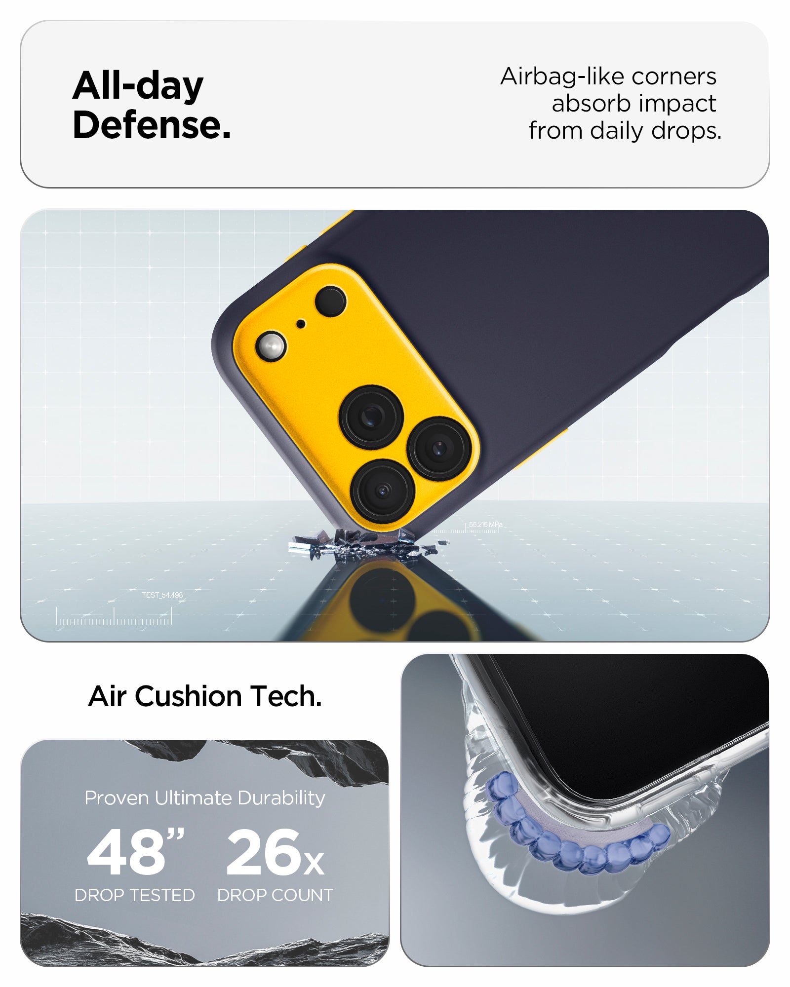 ACS09966 - iPhone 17 Pro Case Nano Pop (MagFit) in blueberry navy showing the all day defense with airbag like corners that absorb impact from daily drops