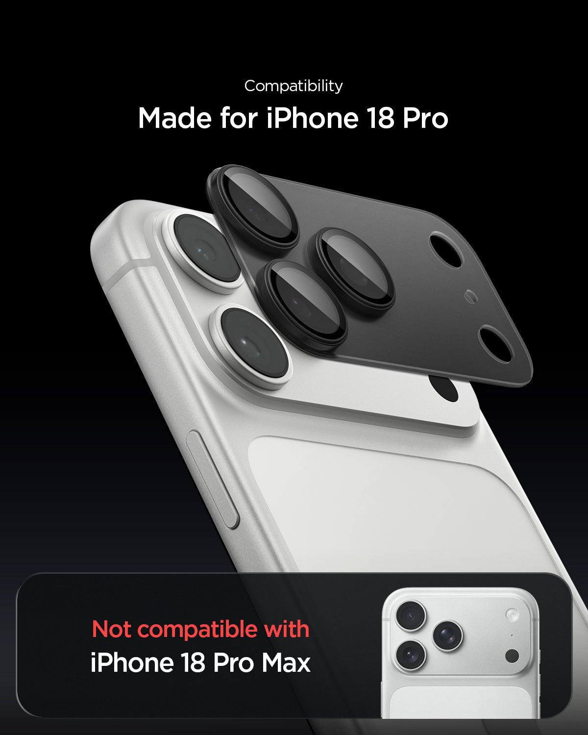 AGL12035 - iPhone 18 Pro Optik Pro XL EZ Fit Lens Protector in Dark Gray showing the lens protector aligned over the camera area with a compatibility comparison.