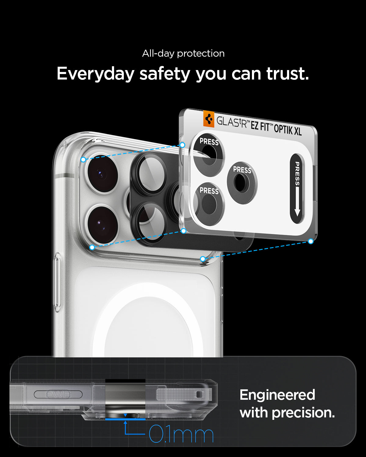 AGL12035 - iPhone 18 Pro Optik Pro XL EZ Fit Lens Protector in Dark Gray showing precise alignment and close fit between the lens protector and an open camera case.