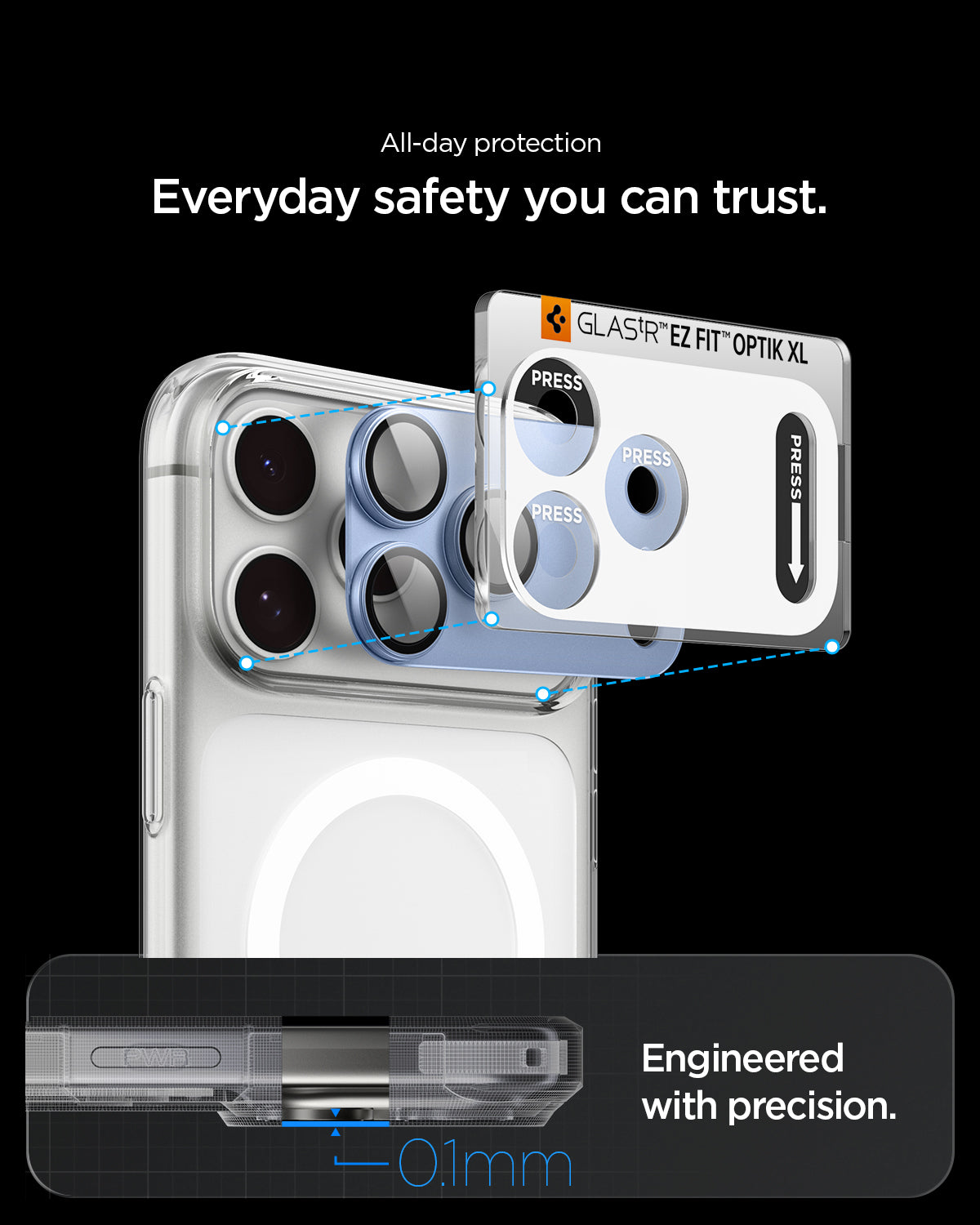 AGL12038 - iPhone 18 Pro Optik Pro XL EZ Fit Lens Protector in Silver showing precise alignment and close fit between the lens protector and an open camera case.